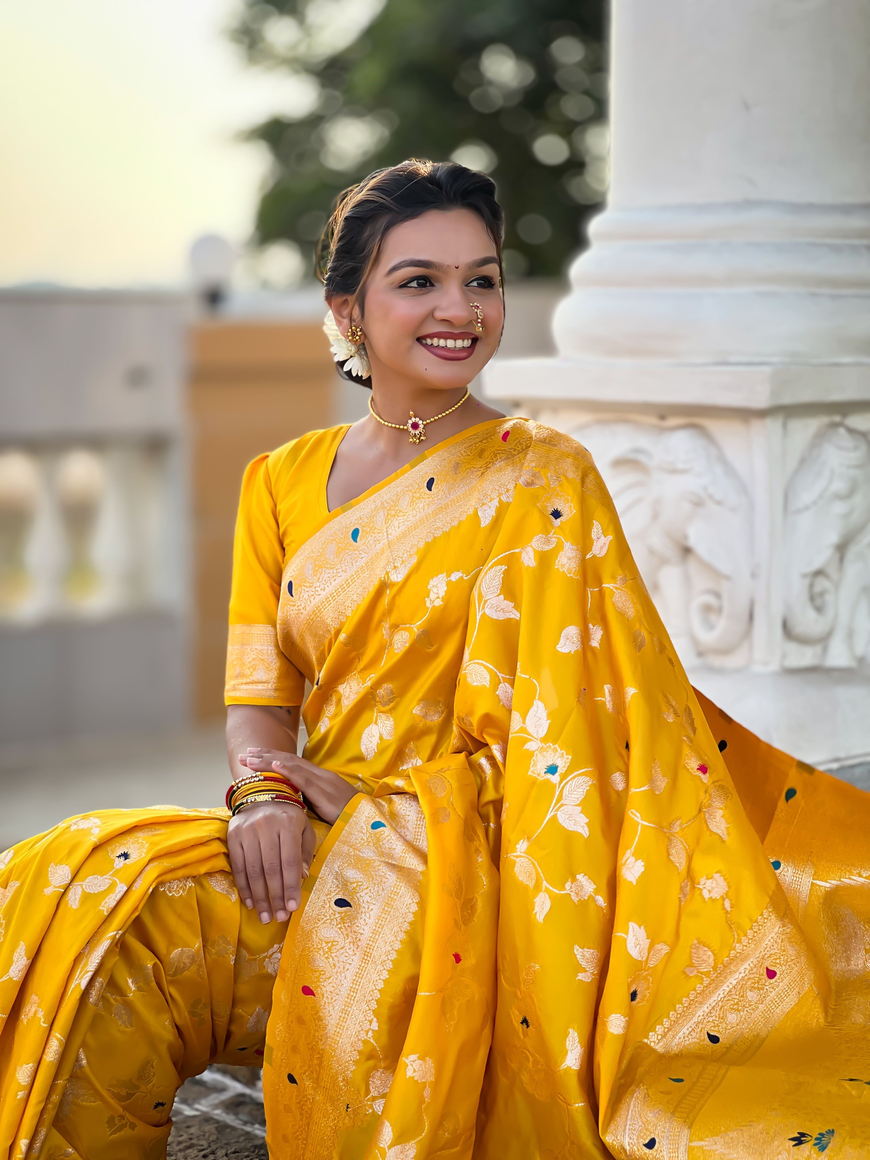 Yellow Varni Fabrics Women's Traditional Banarasi Silk Saree with Woven Design & Blouse
