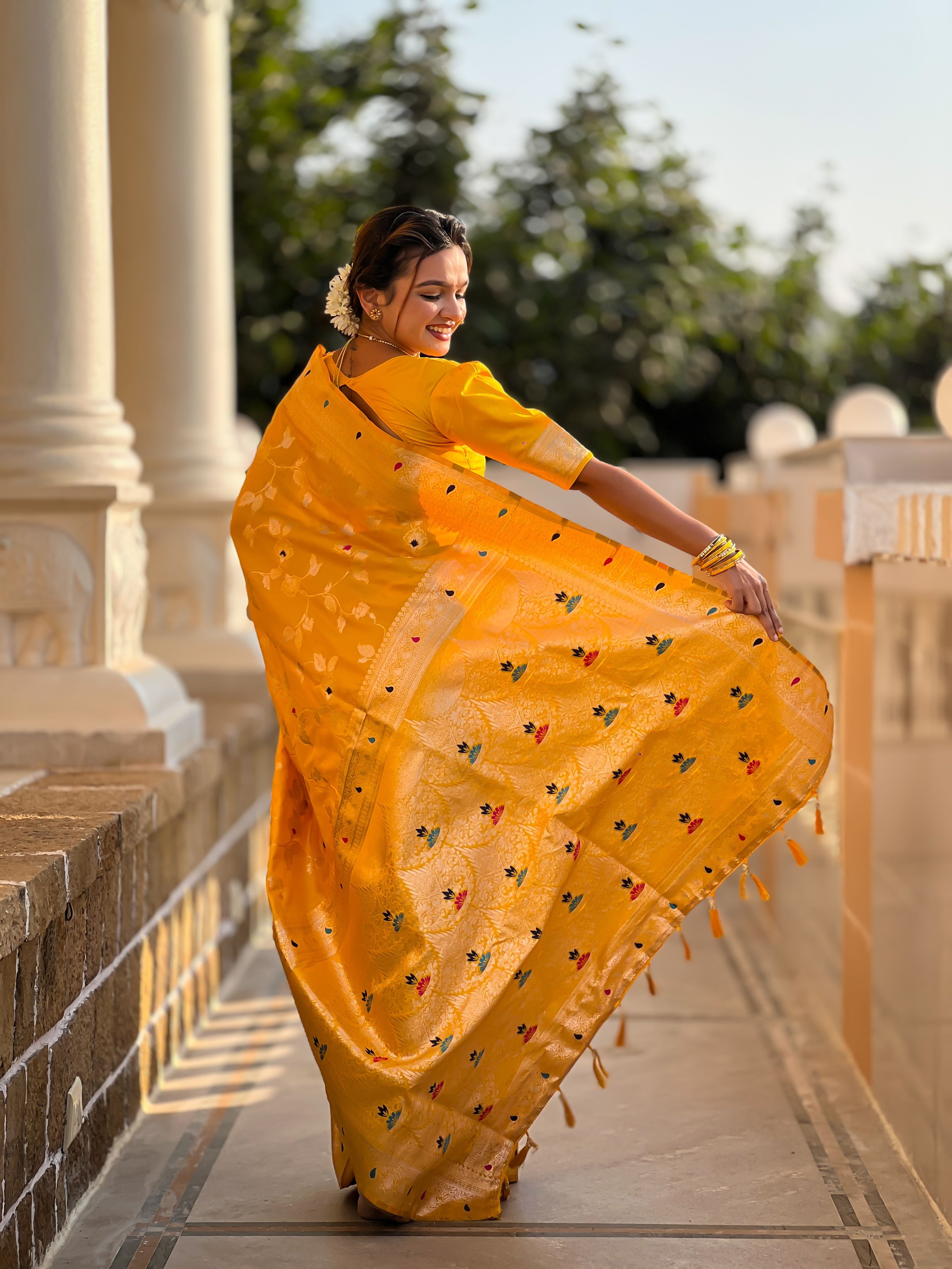 Yellow Varni Fabrics Women's Traditional Banarasi Silk Saree with Woven Design & Blouse