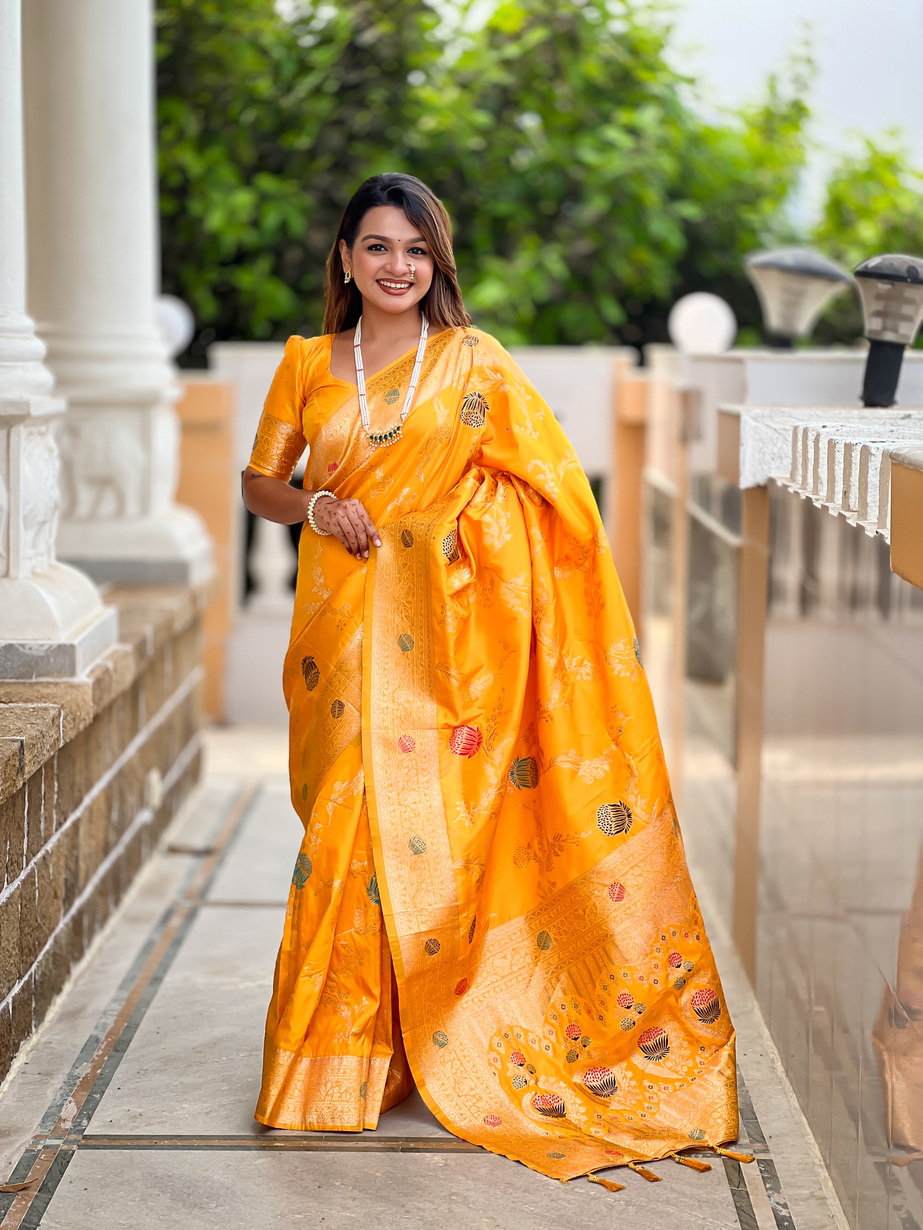Yellow Designer Banarasi Silk Saree for Women –  Woven Floral Saree with Blouse