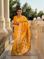 Yellow Varni Fabrics Women's Traditional Banarasi Silk Saree with Woven Design & Blouse