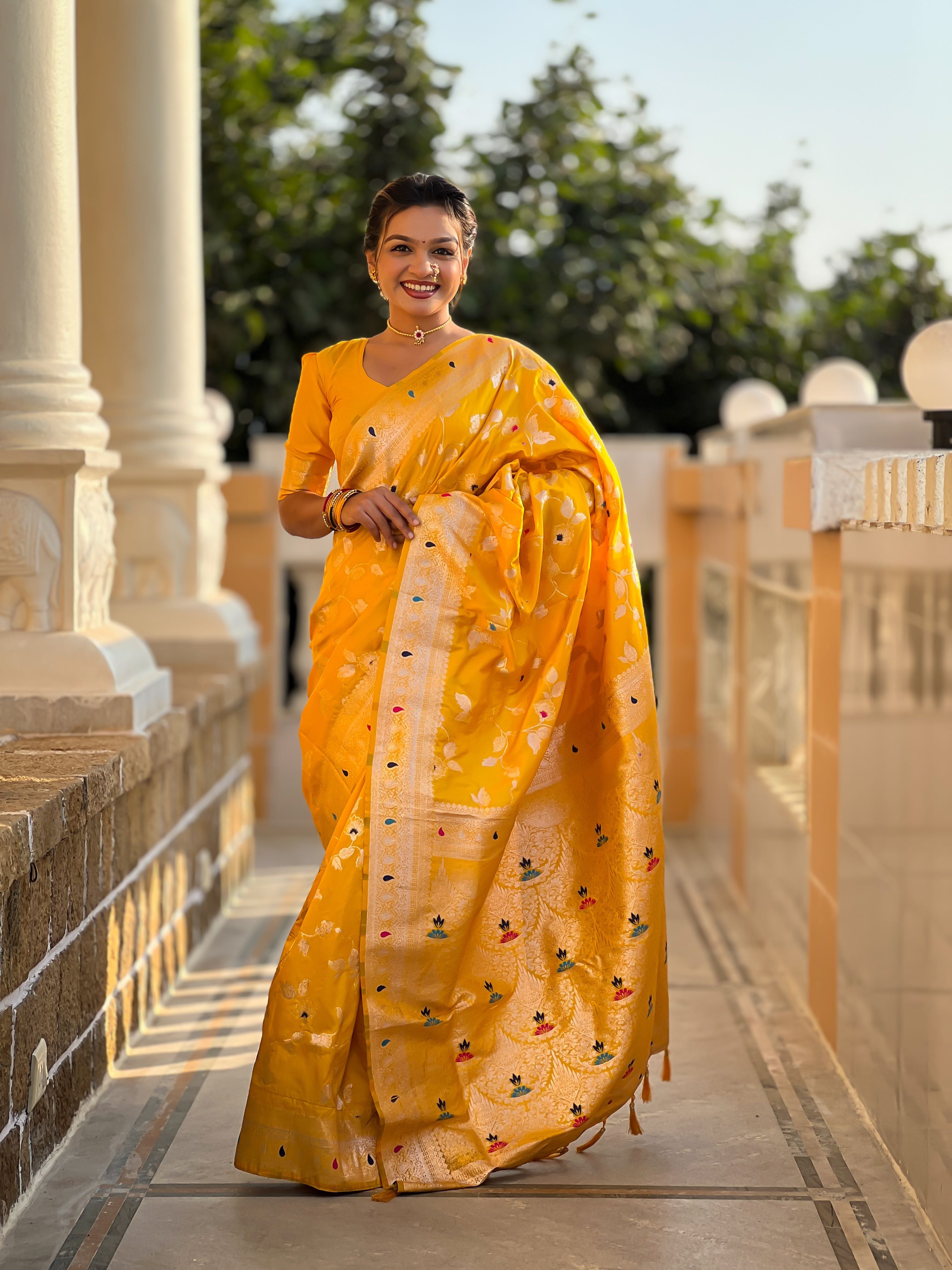 Yellow Varni Fabrics Women's Traditional Banarasi Silk Saree with Woven Design & Blouse