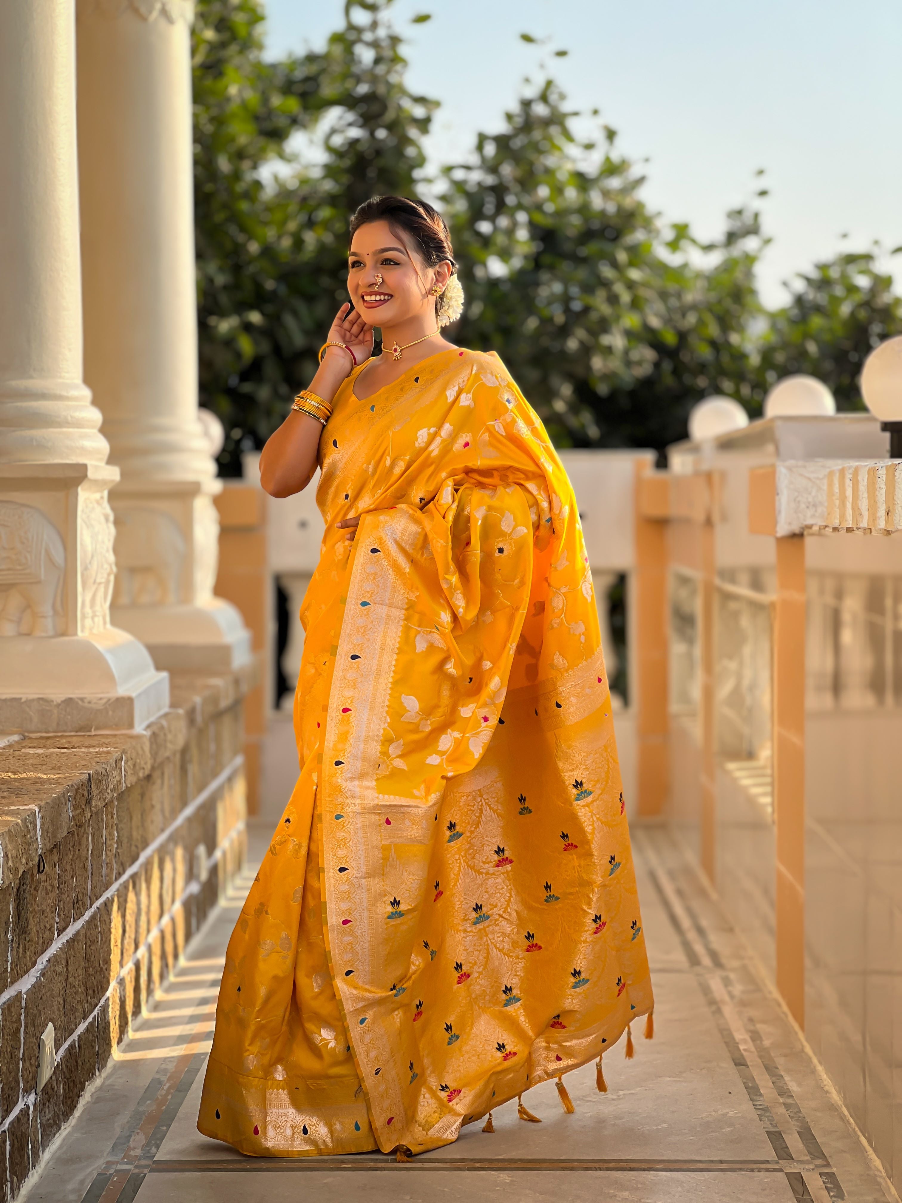 Yellow Varni Fabrics Women's Traditional Banarasi Silk Saree with Woven Design & Blouse