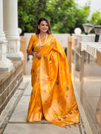 Yellow Designer Banarasi Silk Saree for Women –  Woven Floral Saree with Blouse