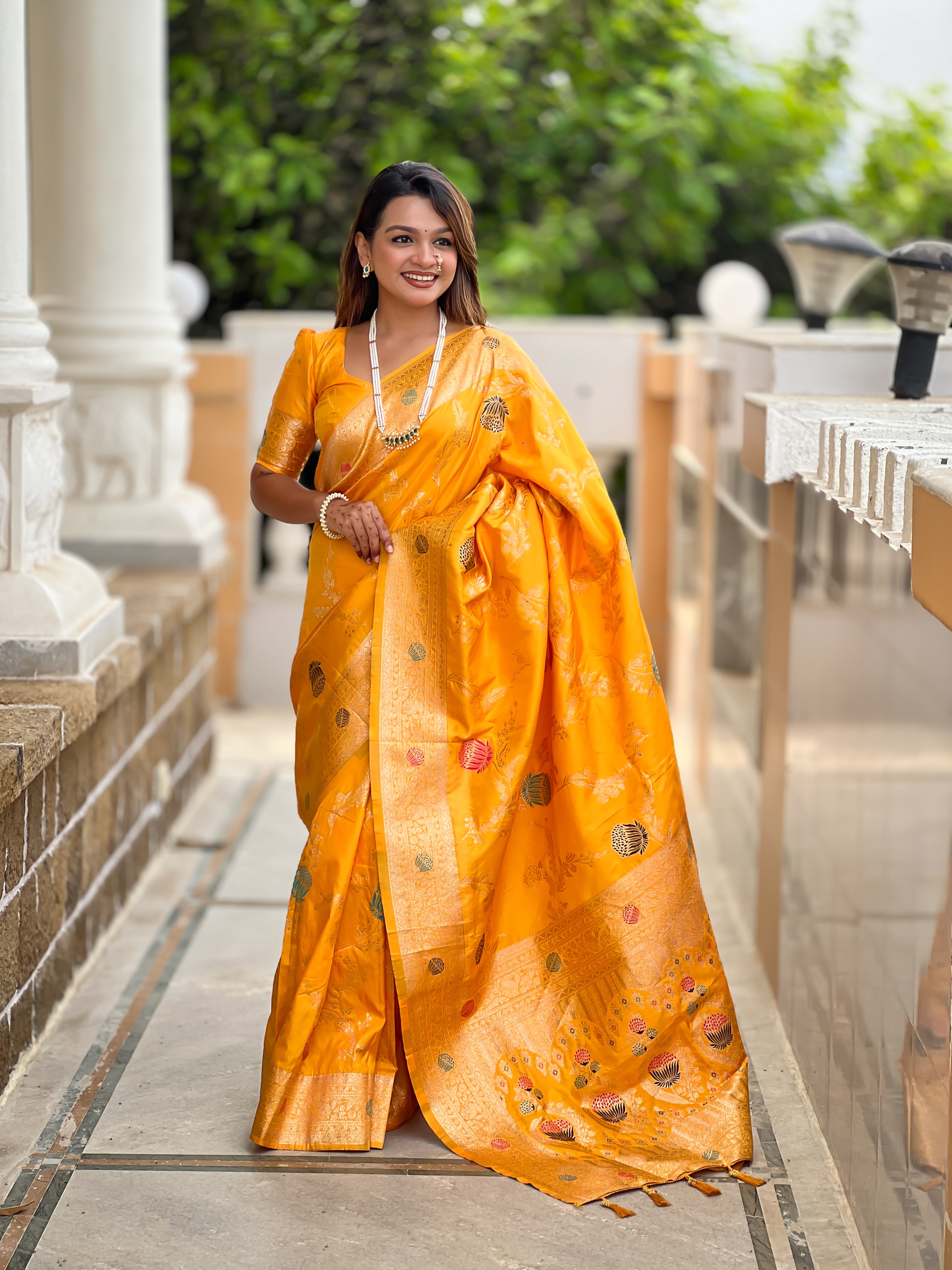 Yellow Designer Banarasi Silk Saree for Women –  Woven Floral Saree with Blouse