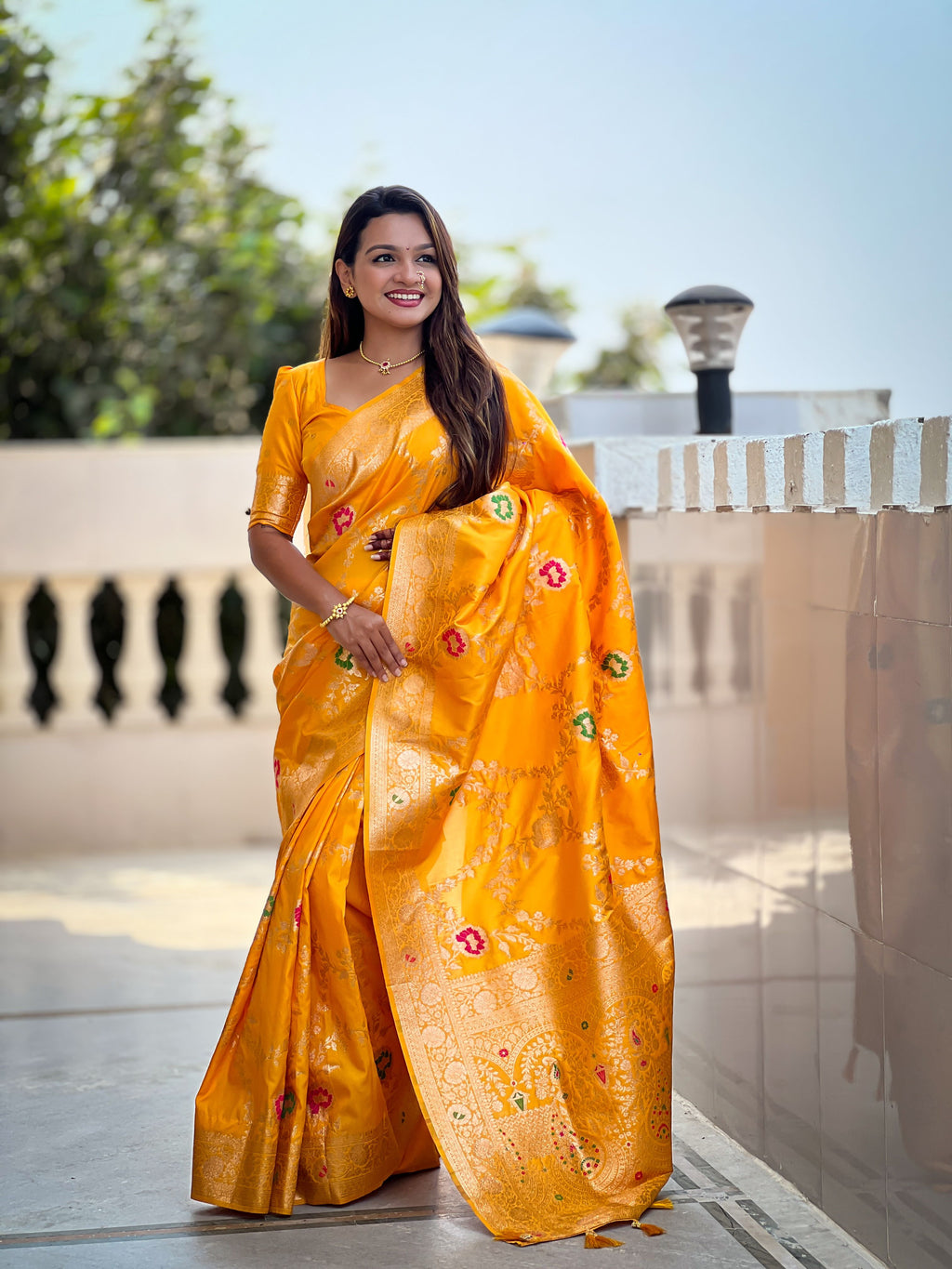 Yellow Varni Fabrics Women Floral Banarasi Silk Woven Saree comes With Matching Blouse