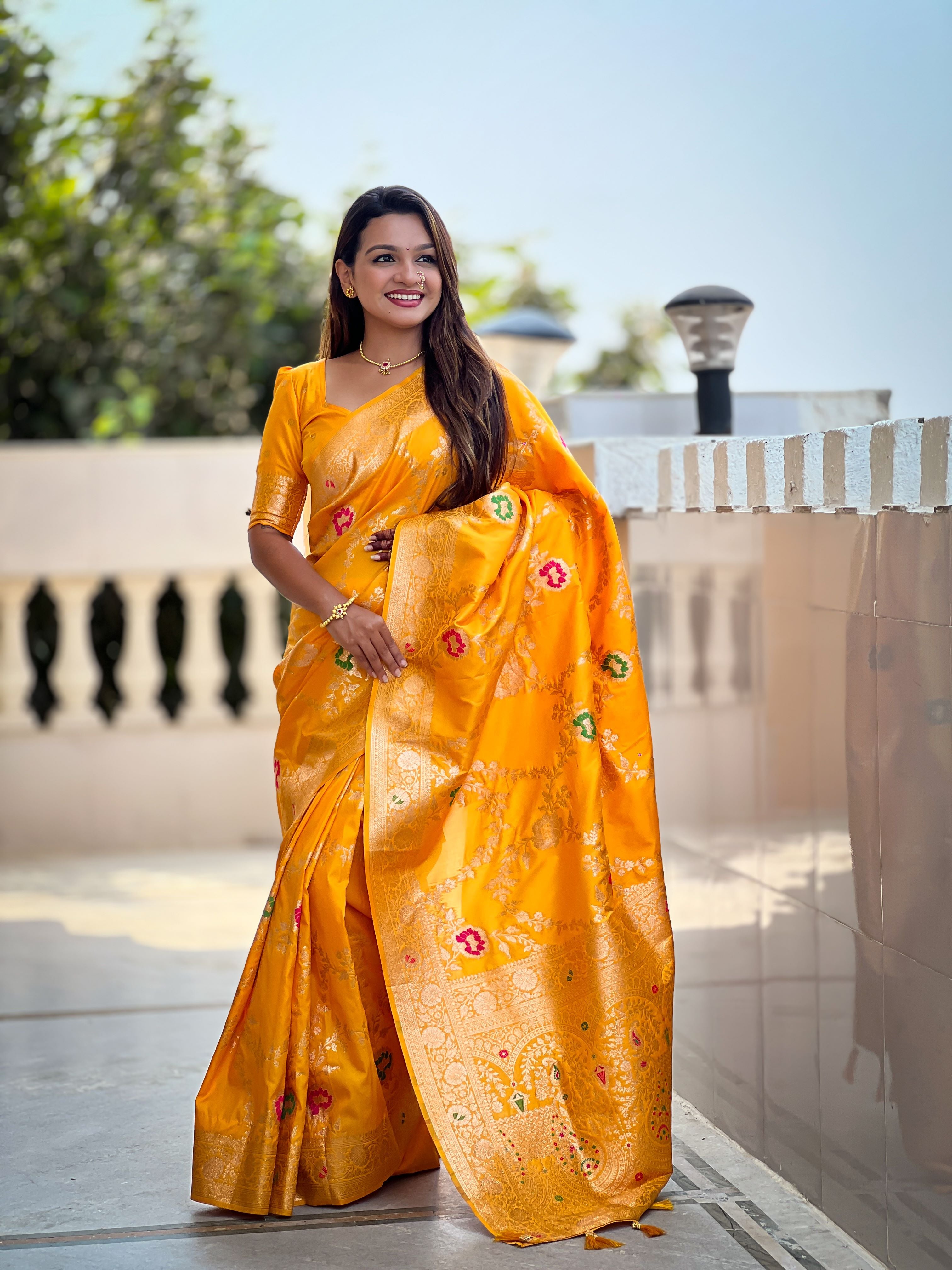 Yellow Varni Fabrics Women Floral Banarasi Silk Woven Saree comes With Matching Blouse