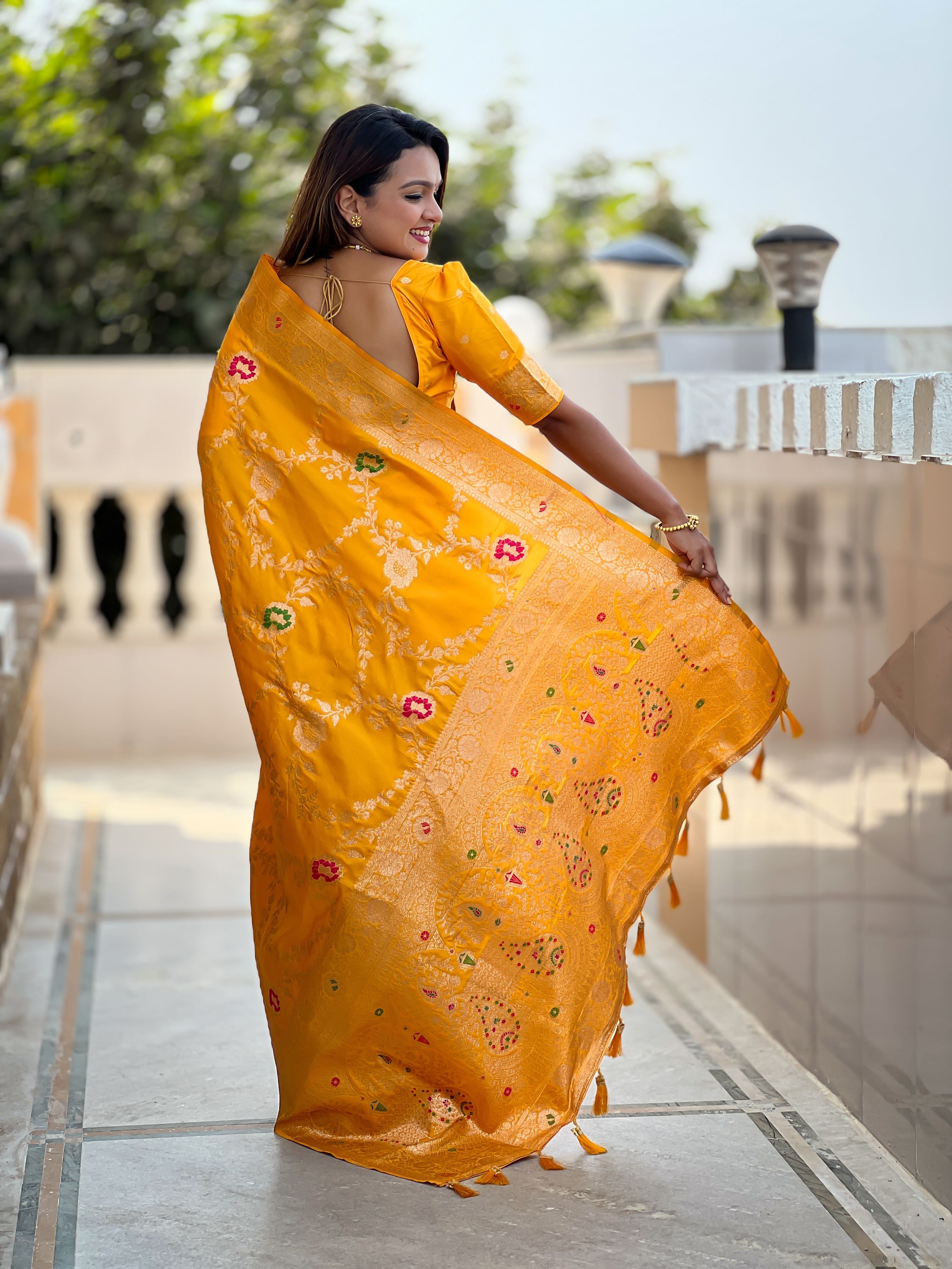 Yellow Varni Fabrics Women Floral Banarasi Silk Woven Saree comes With Matching Blouse