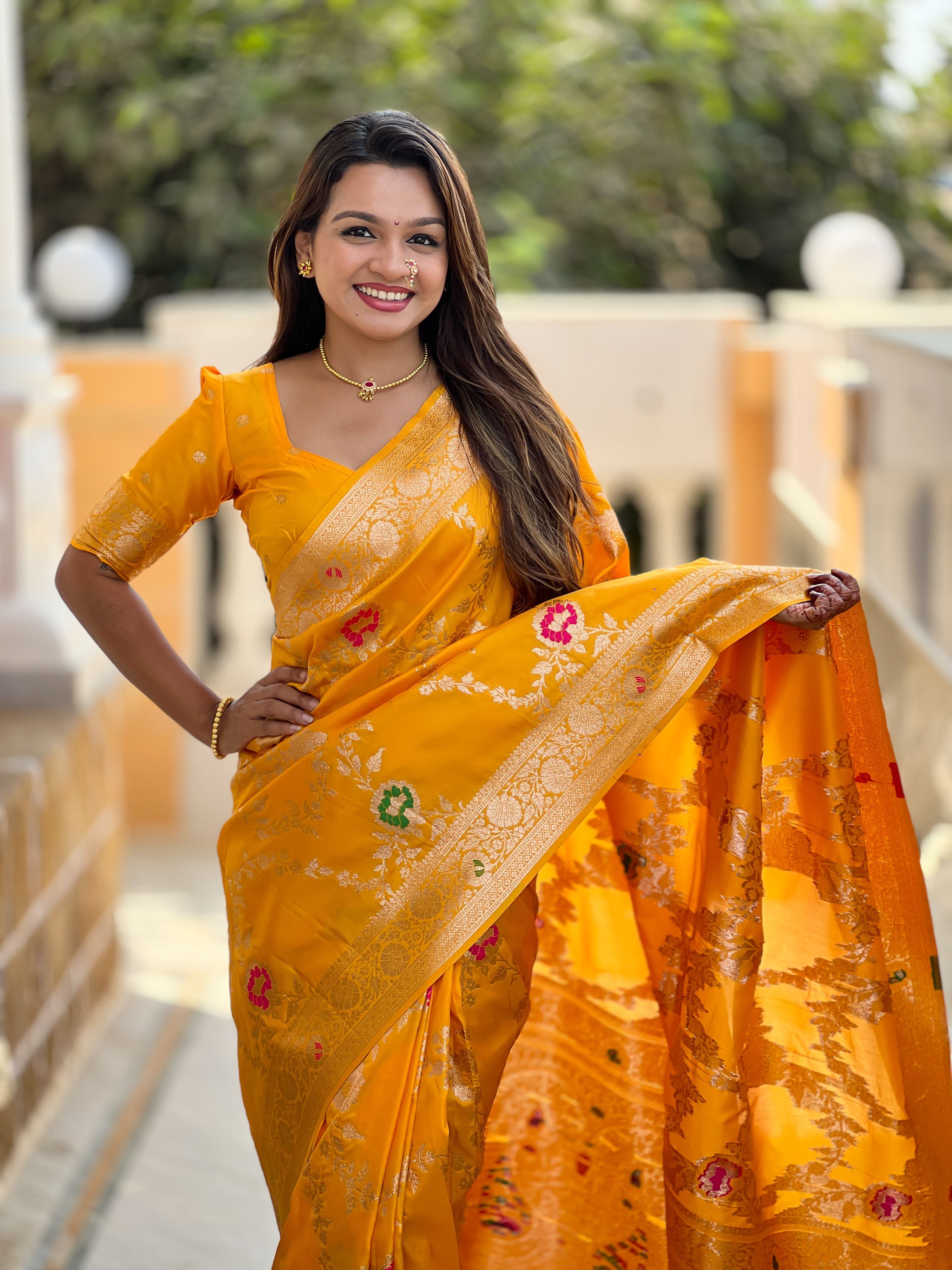 Yellow Varni Fabrics Women Floral Banarasi Silk Woven Saree comes With Matching Blouse