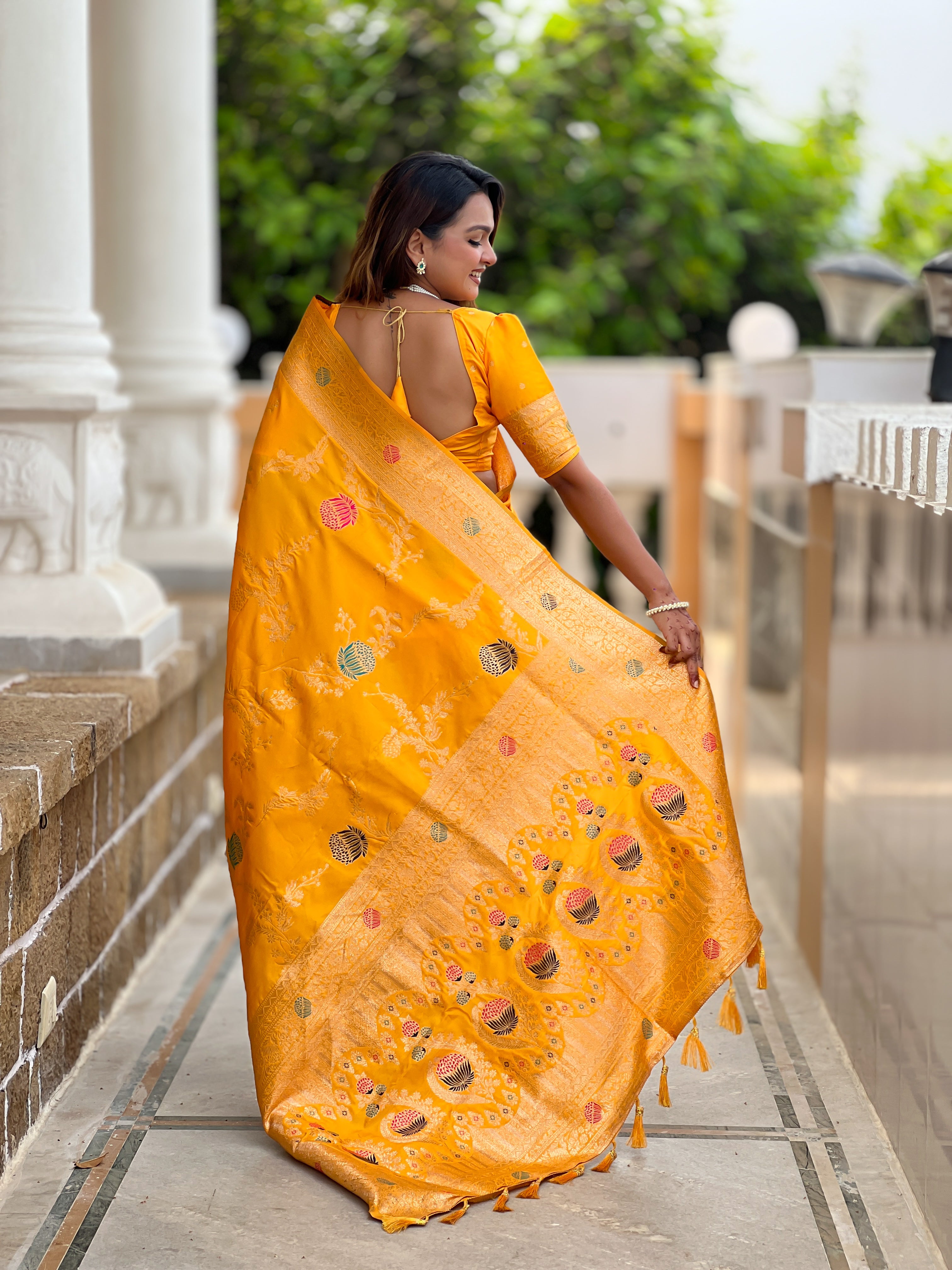 Yellow Designer Banarasi Silk Saree for Women –  Woven Floral Saree with Blouse