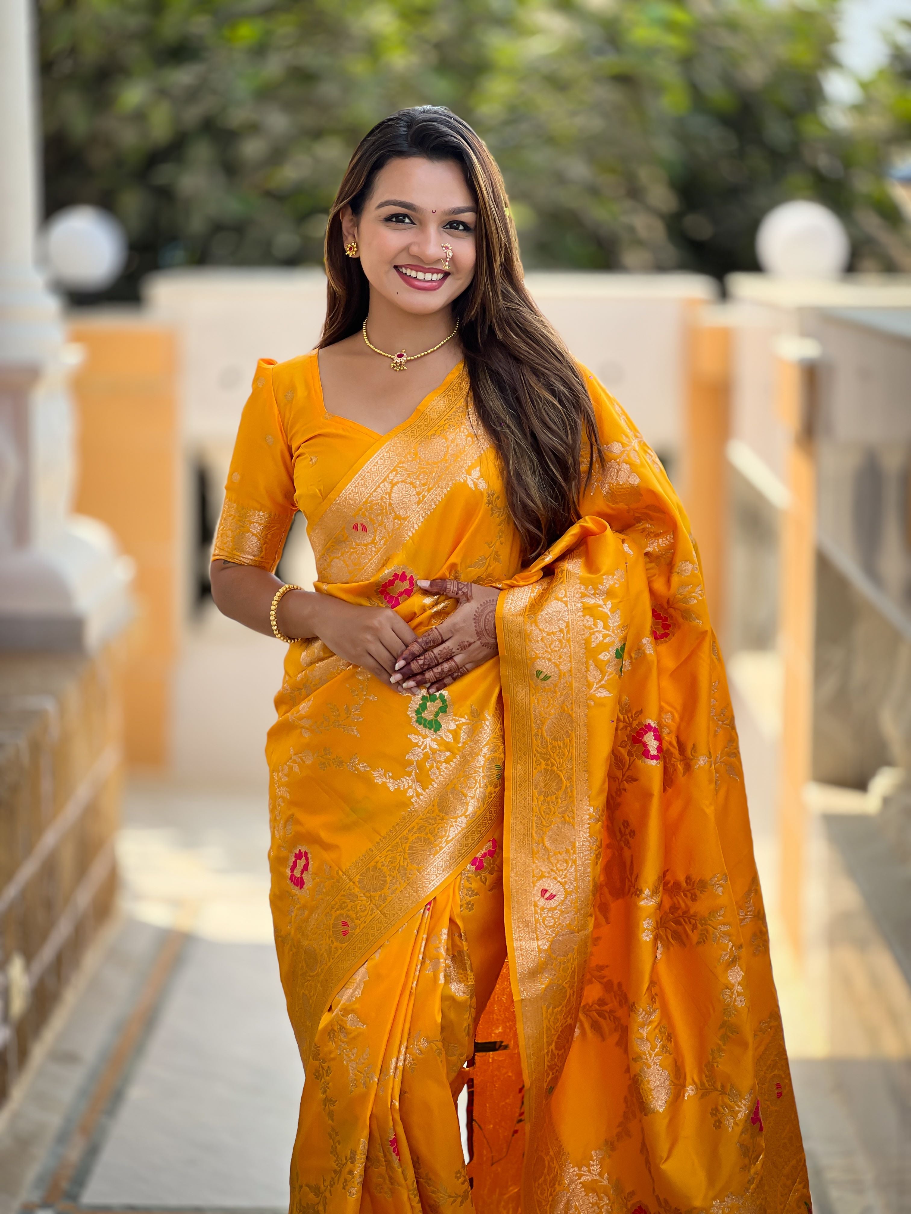 Yellow Varni Fabrics Women Floral Banarasi Silk Woven Saree comes With Matching Blouse