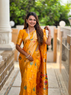 Yellow Designer Banarasi Silk Saree for Women –  Woven Floral Saree with Blouse