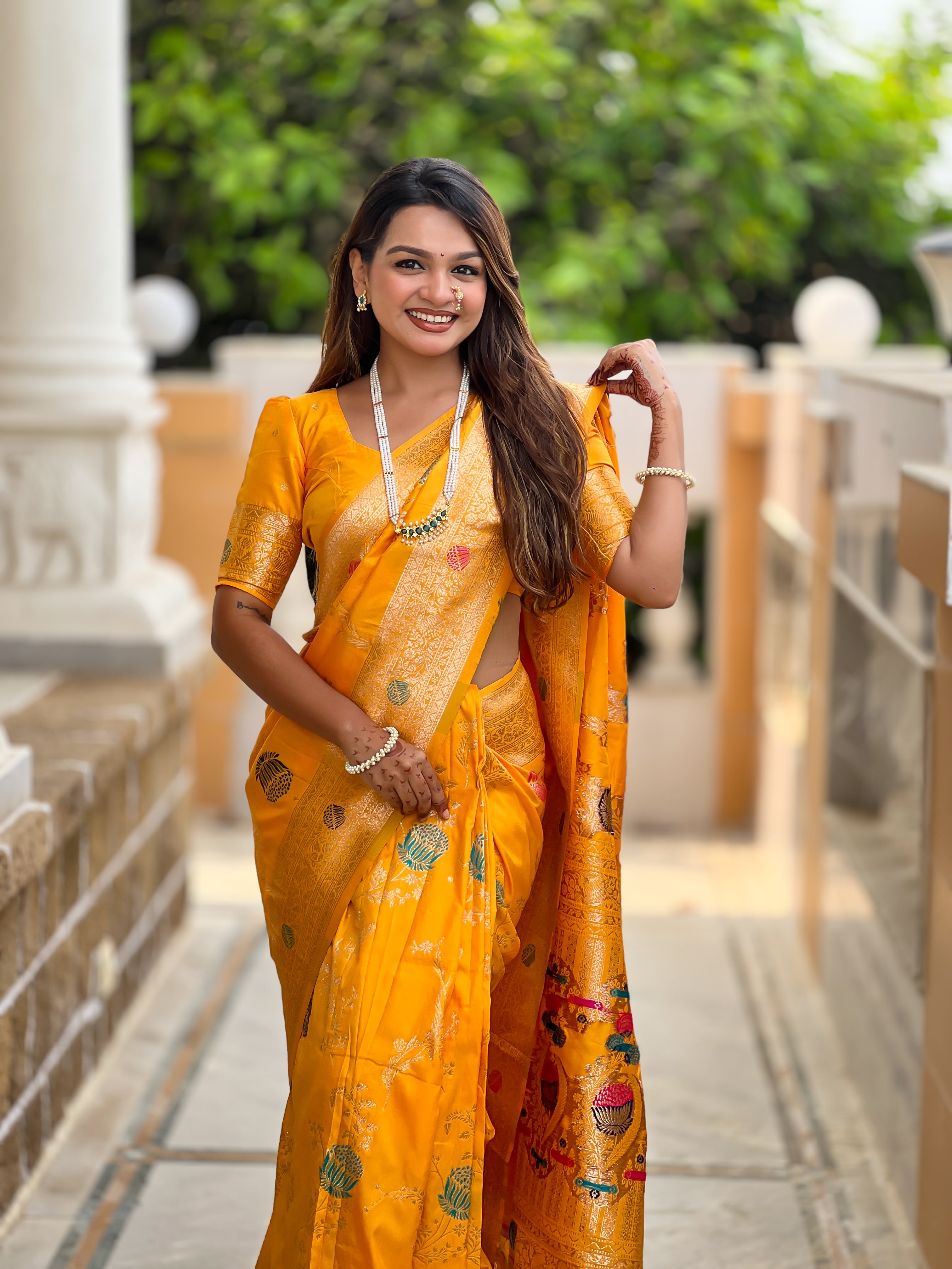 Yellow Designer Banarasi Silk Saree for Women –  Woven Floral Saree with Blouse