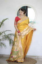Yellow Soft Paithani Silk Saree with Zari Motifs, Meenakari Rich Pallu & Contrast Blouse