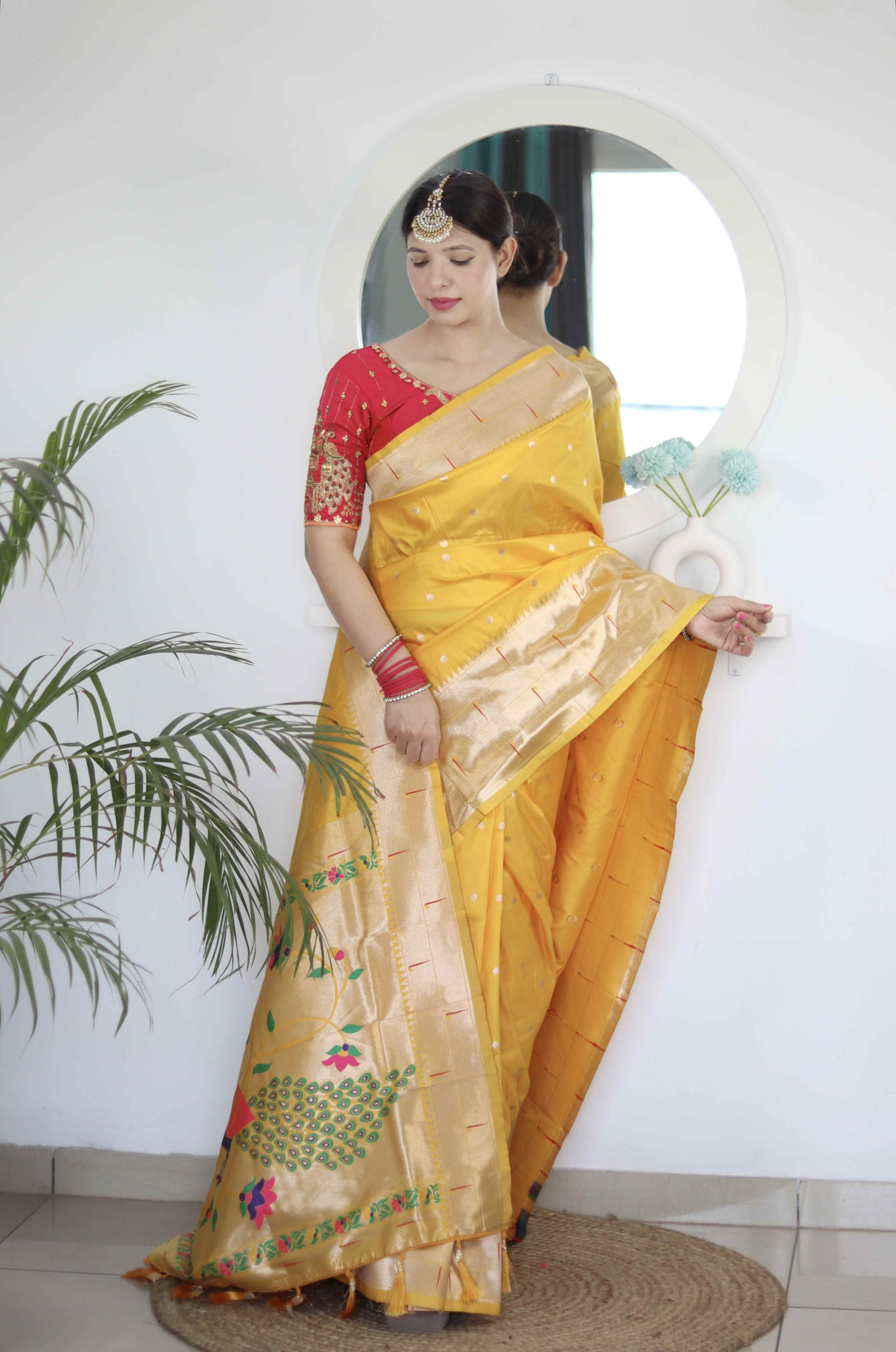 Yellow Soft Paithani Silk Saree with Zari Motifs, Meenakari Rich Pallu & Contrast Blouse
