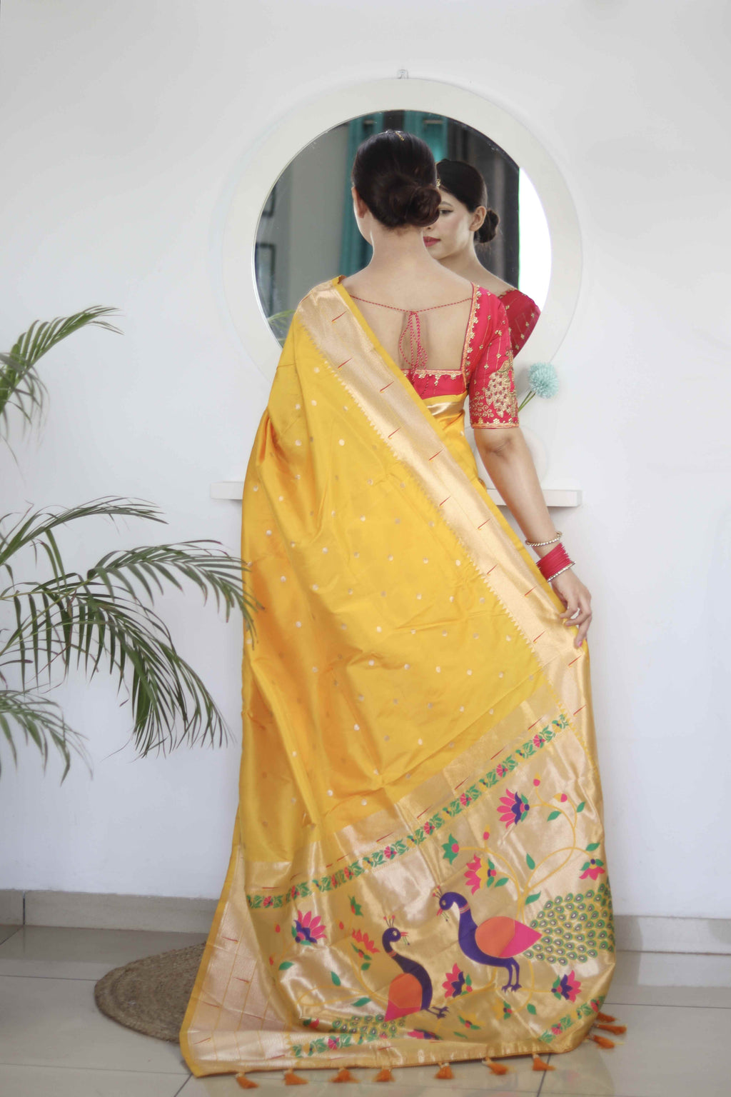 Yellow Soft Paithani Silk Saree with Zari Motifs, Meenakari Rich Pallu & Contrast Blouse