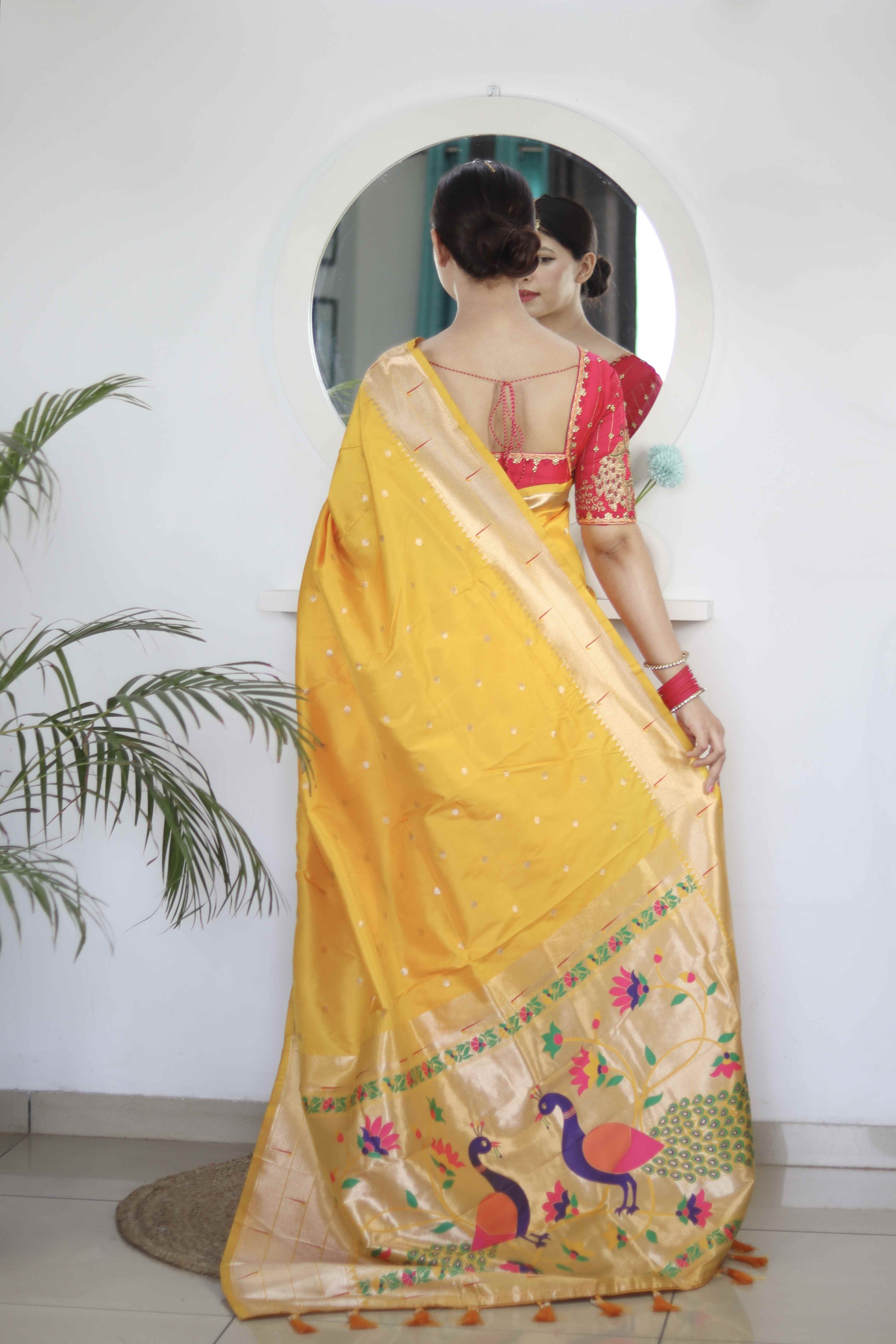 Yellow Soft Paithani Silk Saree with Zari Motifs, Meenakari Rich Pallu & Contrast Blouse