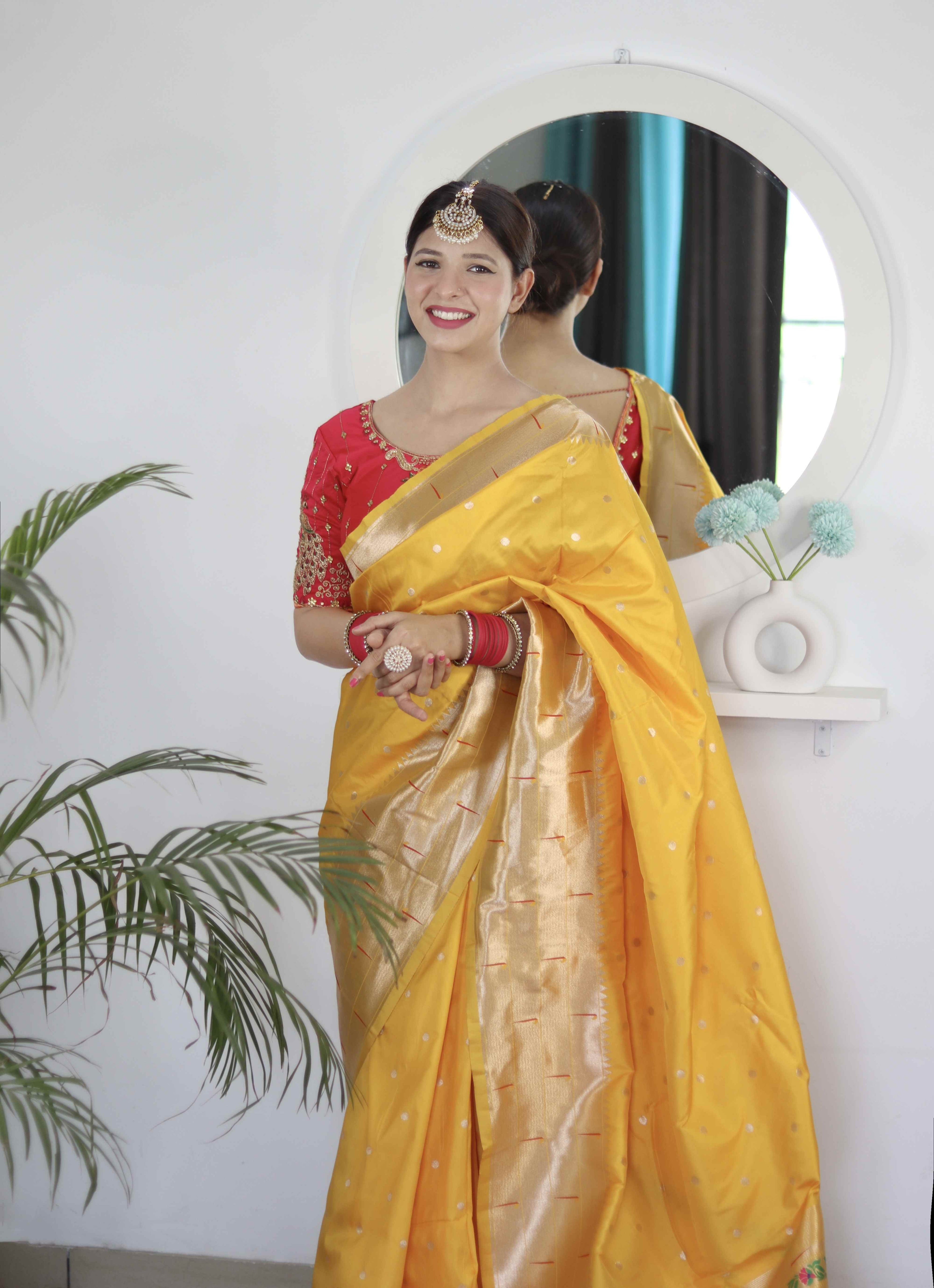 Yellow Soft Paithani Silk Saree with Zari Motifs, Meenakari Rich Pallu & Contrast Blouse