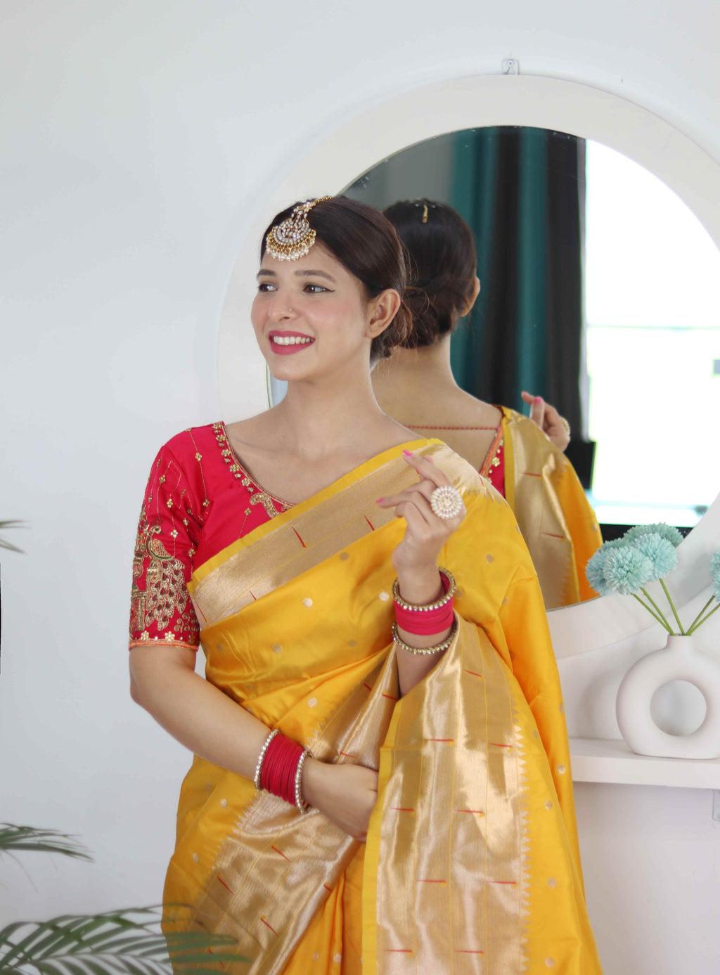 Yellow Soft Paithani Silk Saree with Zari Motifs, Meenakari Rich Pallu & Contrast Blouse
