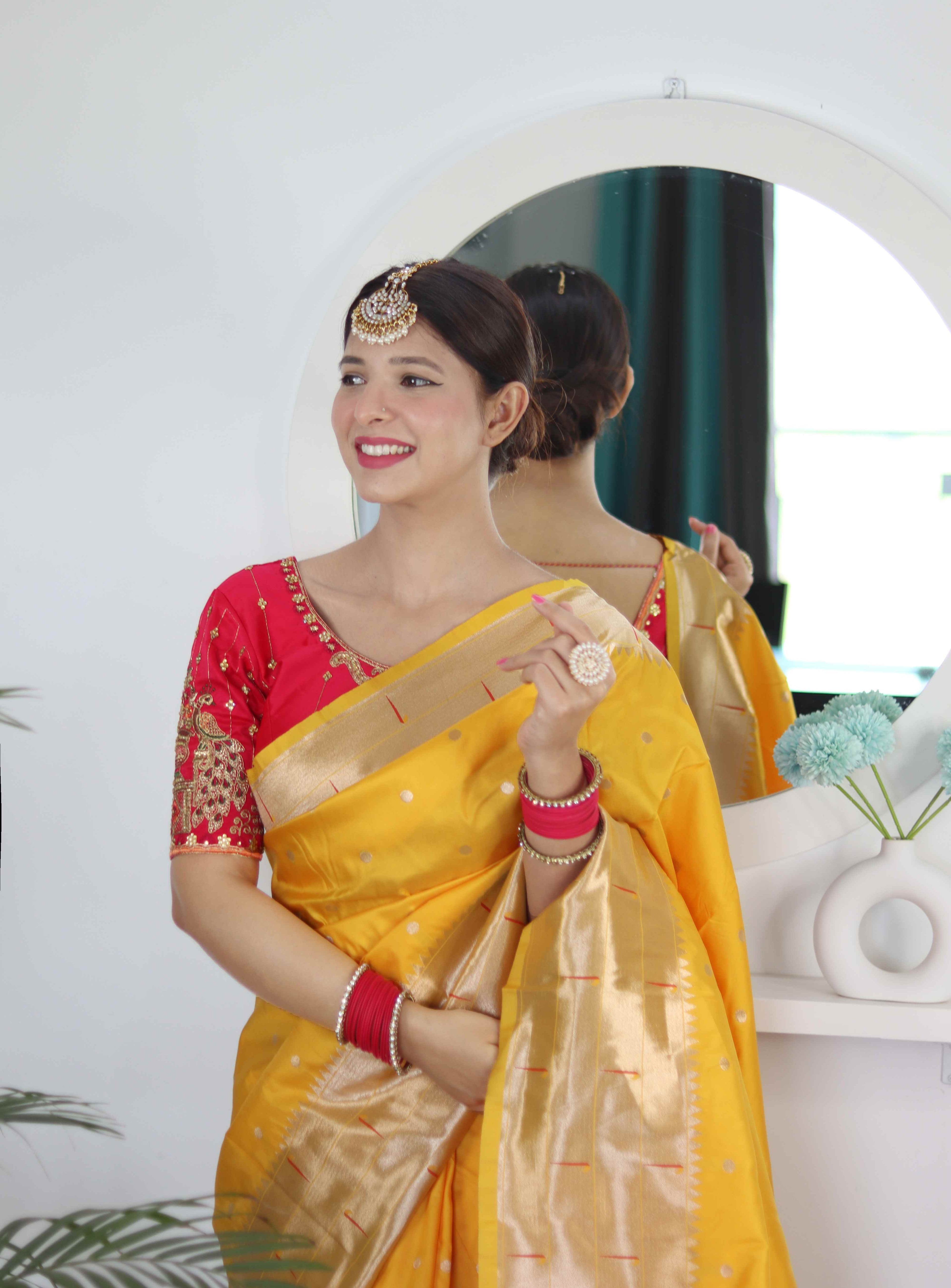 Yellow Soft Paithani Silk Saree with Zari Motifs, Meenakari Rich Pallu & Contrast Blouse