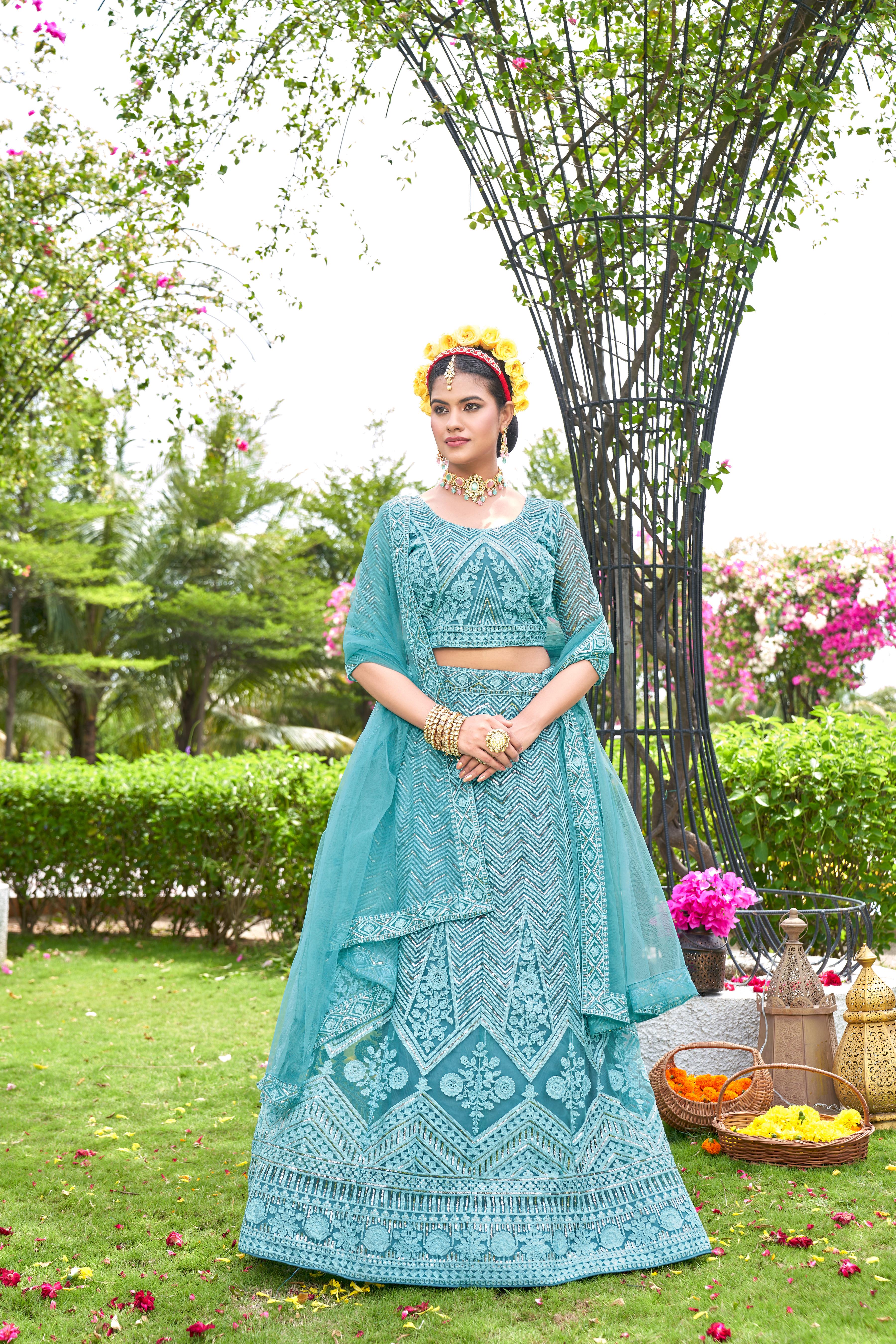 Sky Net Lehenga Choli – Stylish Traditional Outfit for Weddings & Celebrations Semi-Stitched