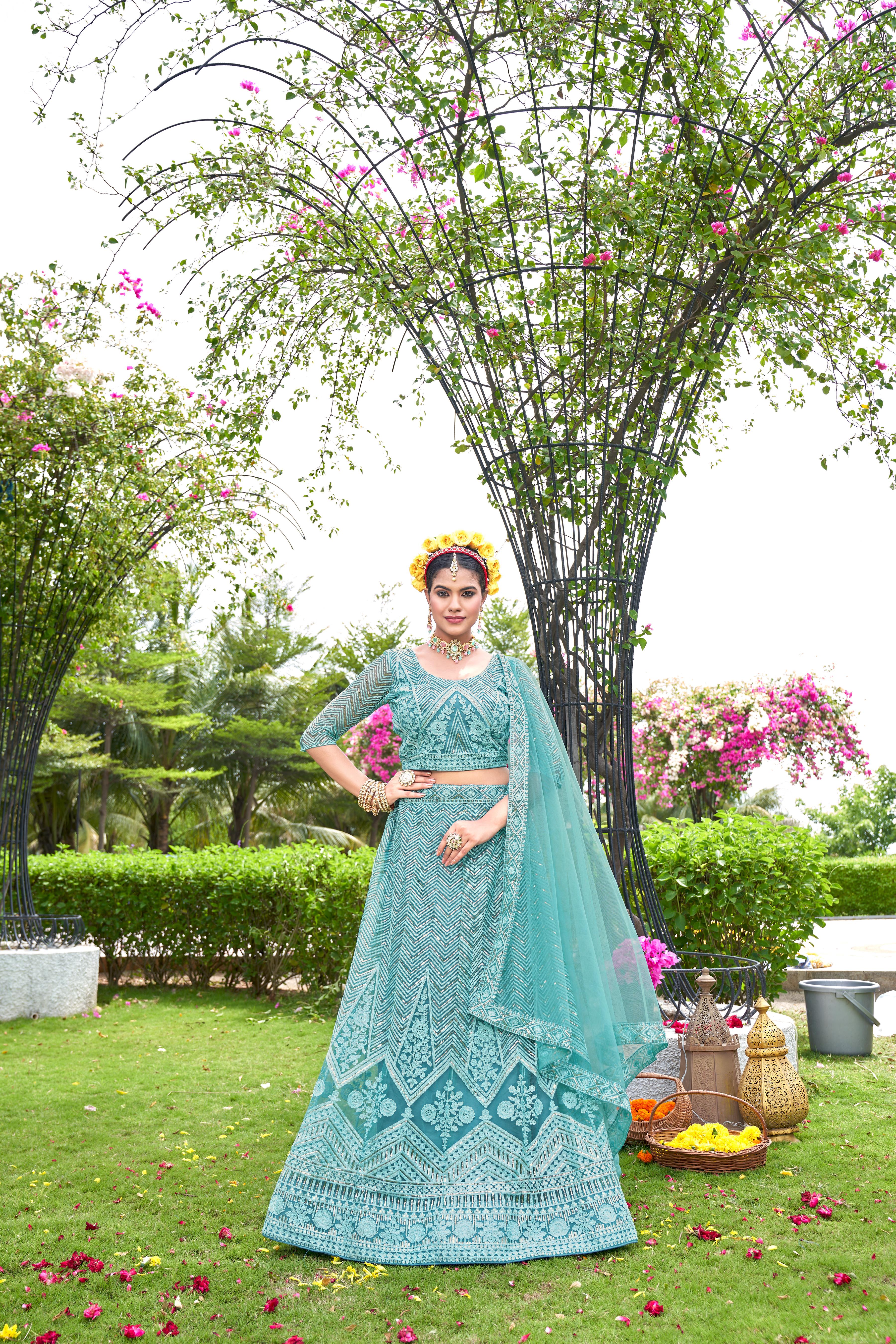Sky Net Lehenga Choli – Stylish Traditional Outfit for Weddings & Celebrations Semi-Stitched