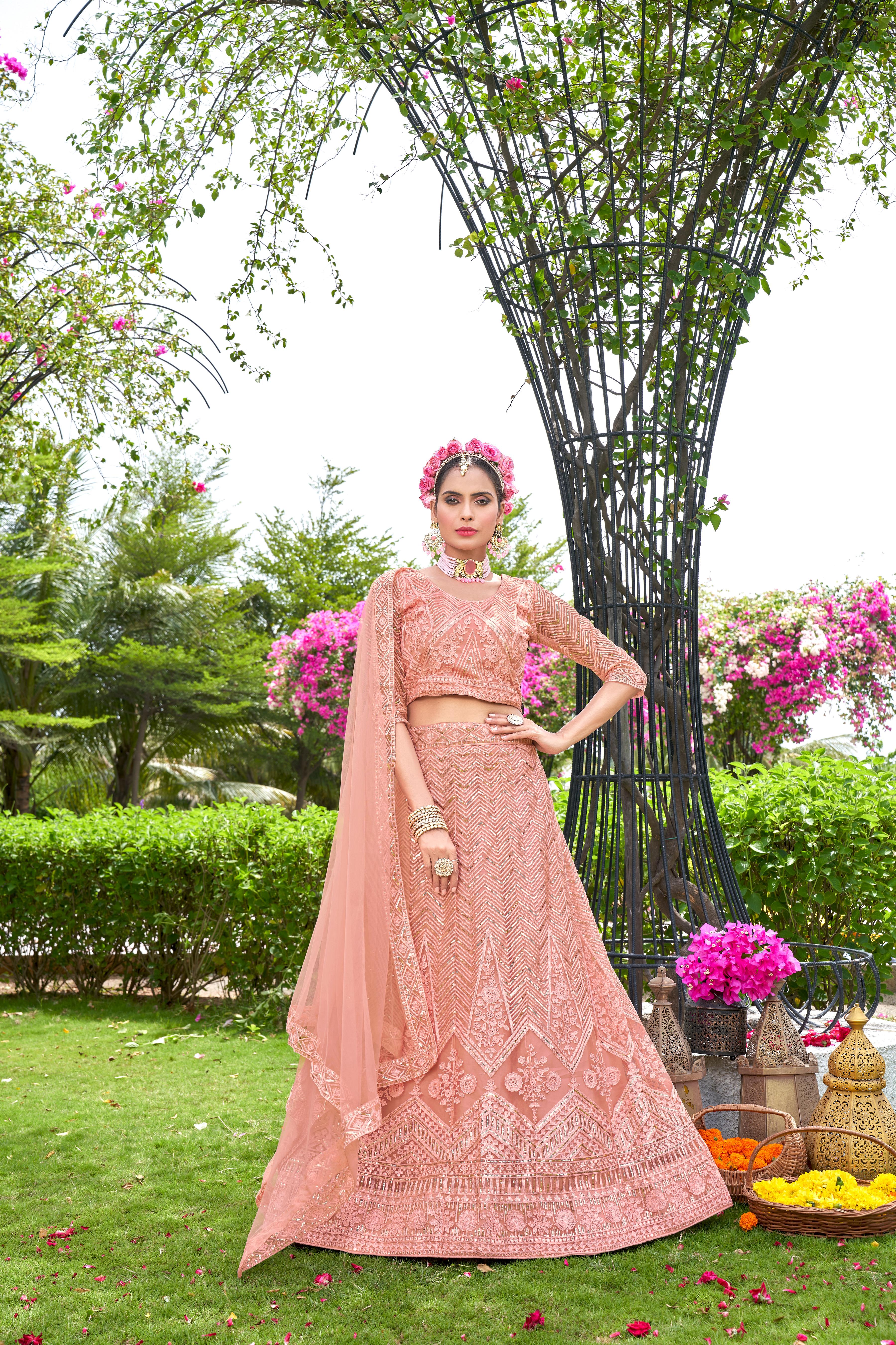 Women’s Peach Lehenga Choli with Dupatta – Graceful Festive & Wedding Wear Semi-Stitched
