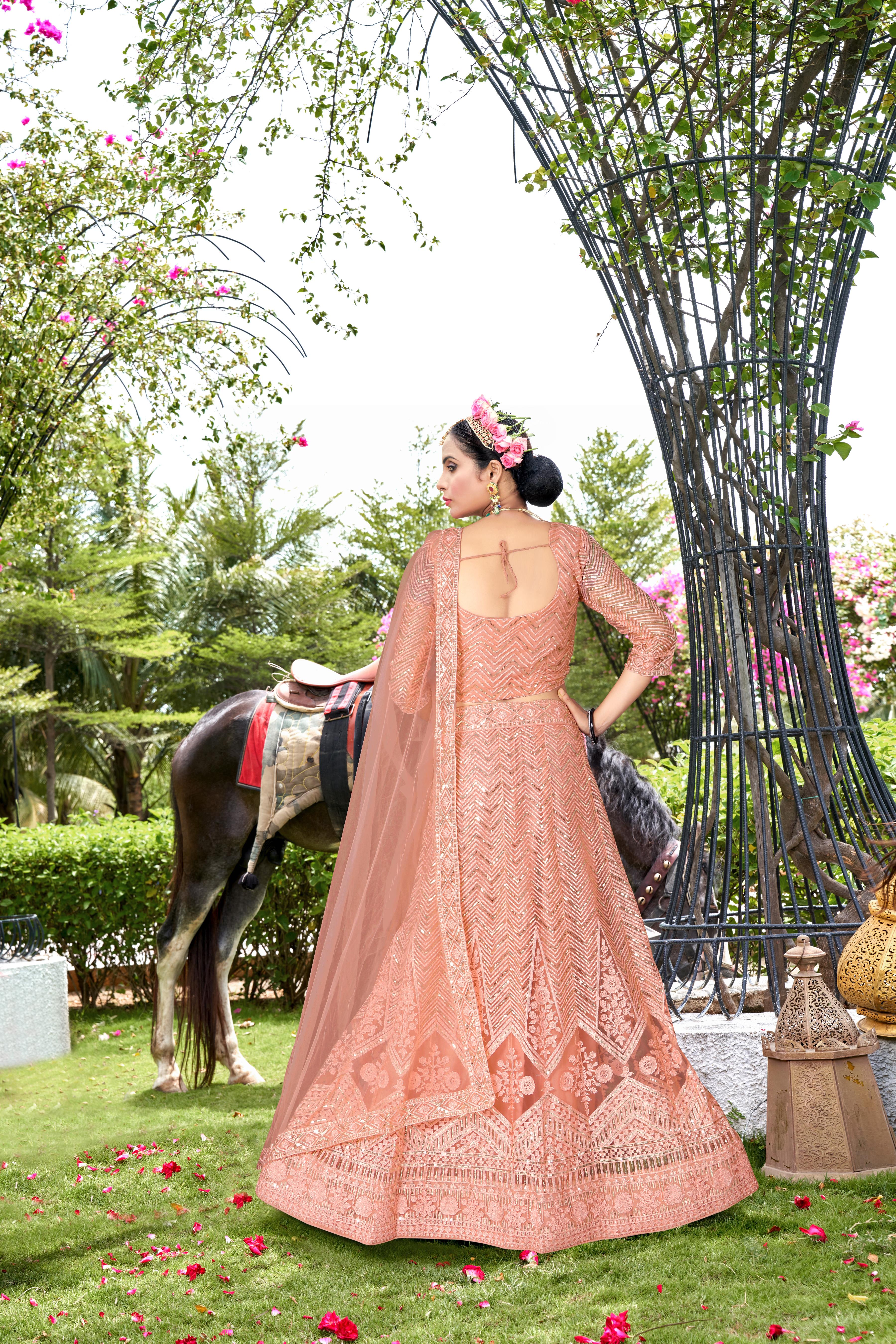 Women’s Peach Lehenga Choli with Dupatta – Graceful Festive & Wedding Wear Semi-Stitched