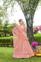 Women’s Peach Lehenga Choli with Dupatta – Graceful Festive & Wedding Wear Semi-Stitched