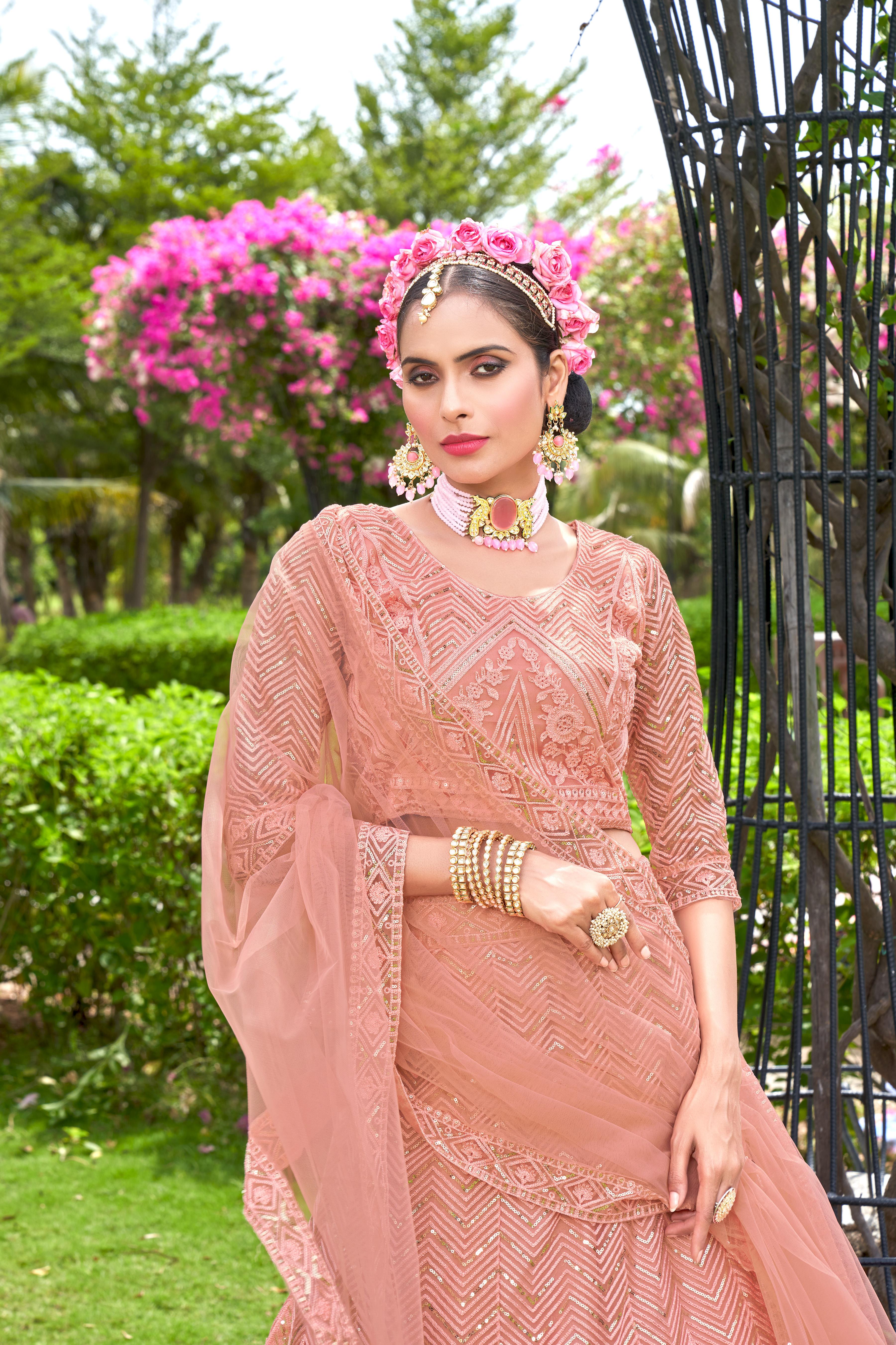 Women’s Peach Lehenga Choli with Dupatta – Graceful Festive & Wedding Wear Semi-Stitched