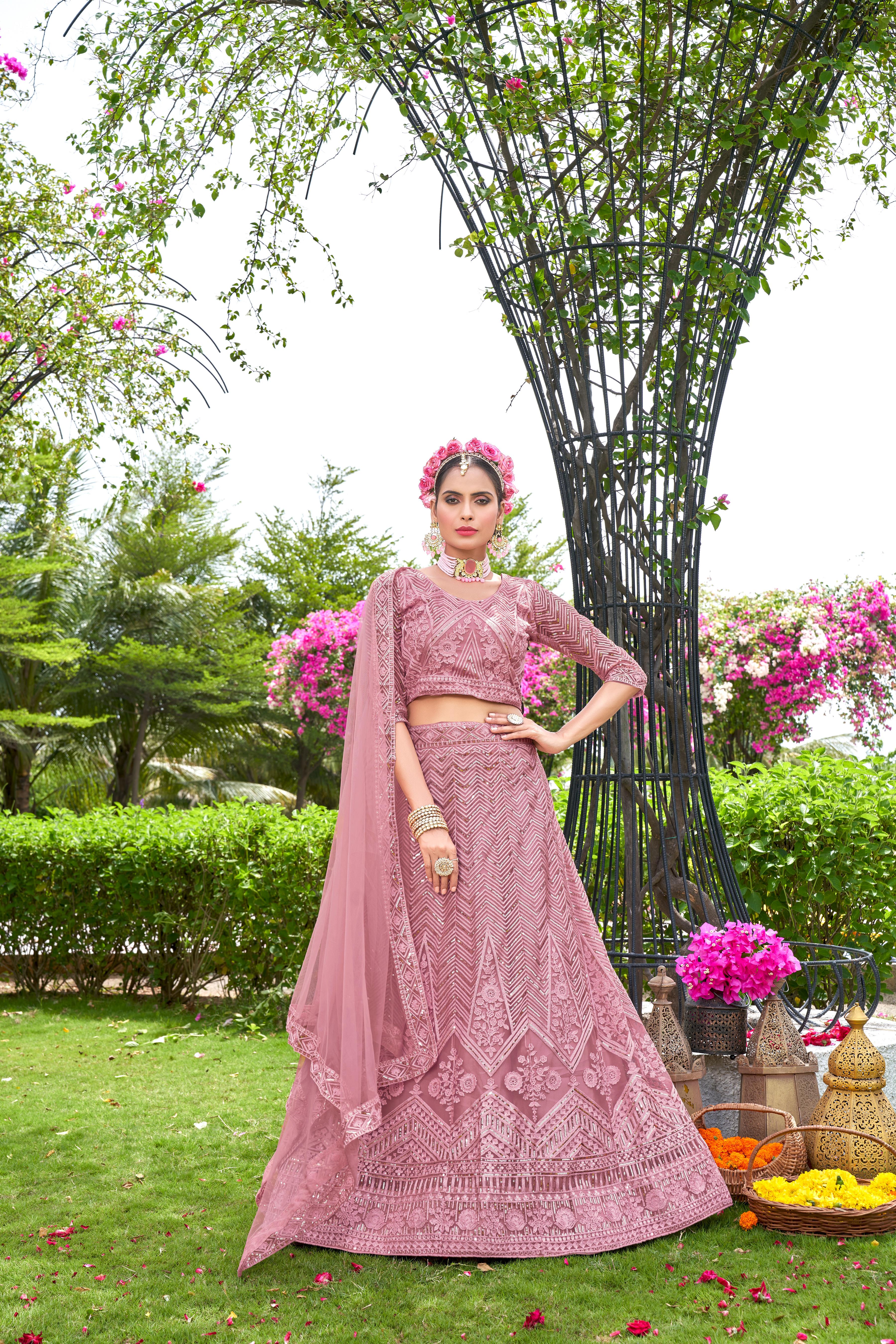 Pink Net Lehenga Choli – Stylish Traditional Outfit for Weddings & Parties Semi-Stitched