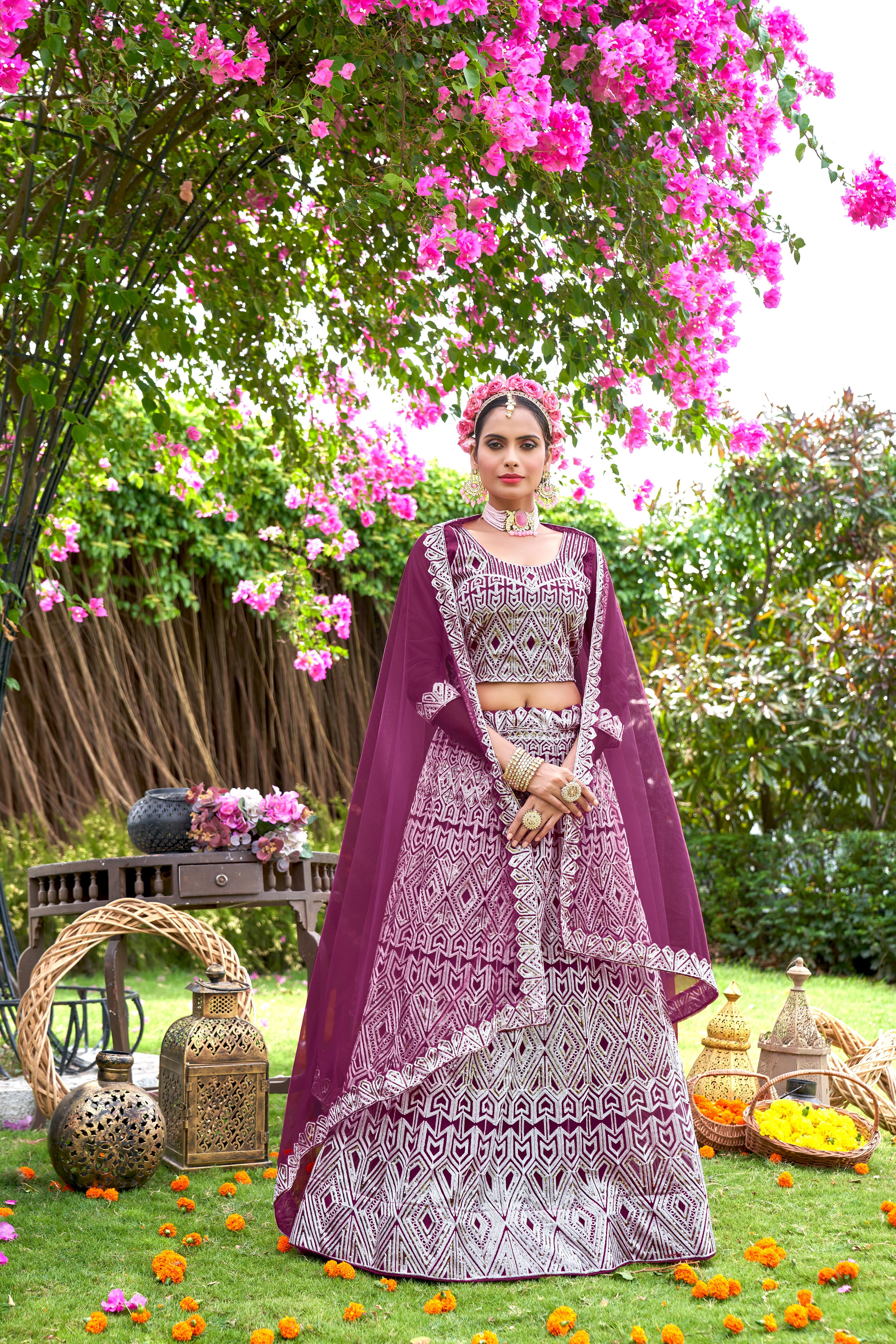 Women’s Wine Lehenga Choli – Elegant Embroidered Ethnic Wear for Weddings & Parties Semi-Stitched