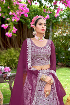 Women’s Wine Lehenga Choli – Elegant Embroidered Ethnic Wear for Weddings & Parties Semi-Stitched
