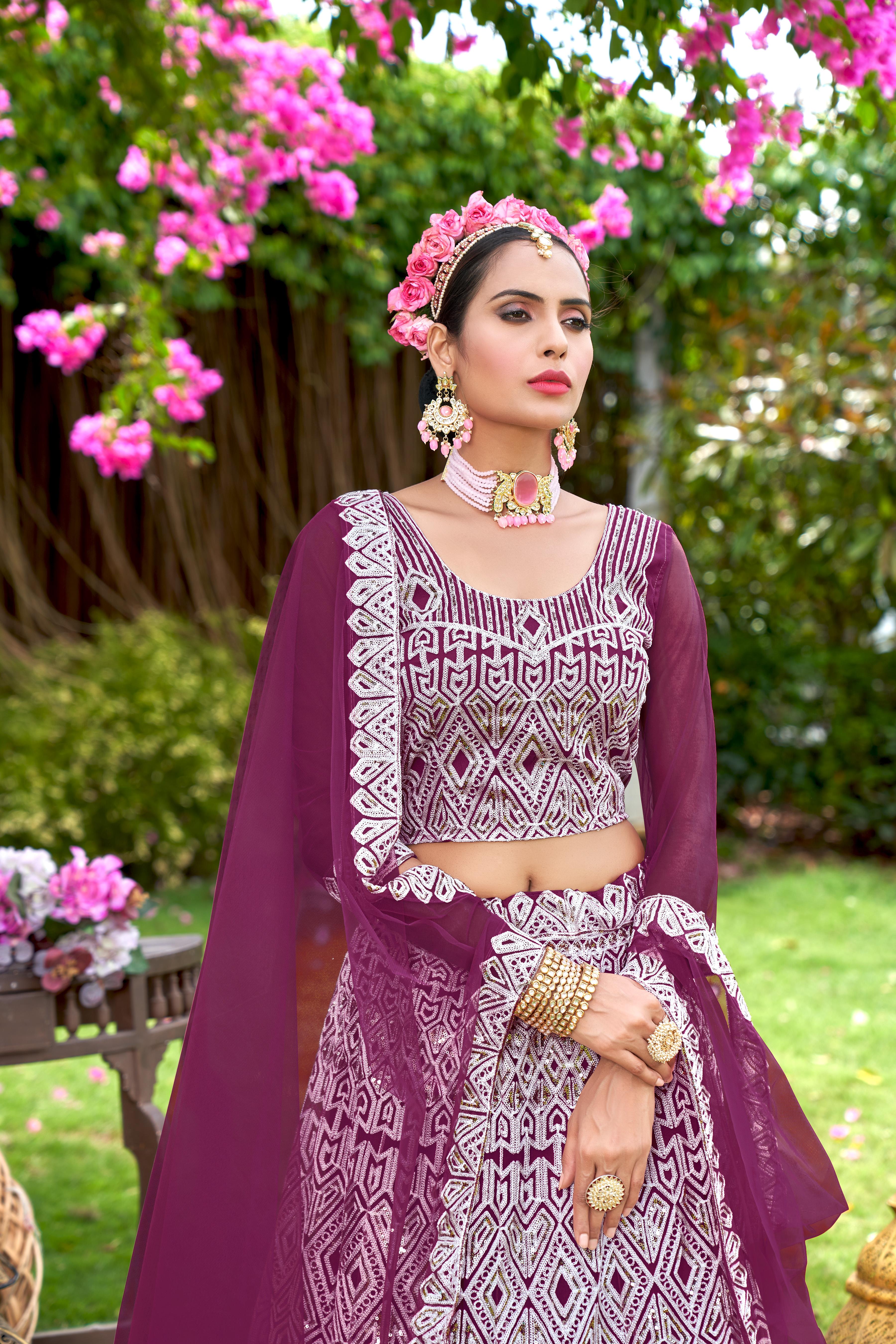 Women’s Wine Lehenga Choli – Elegant Embroidered Ethnic Wear for Weddings & Parties Semi-Stitched
