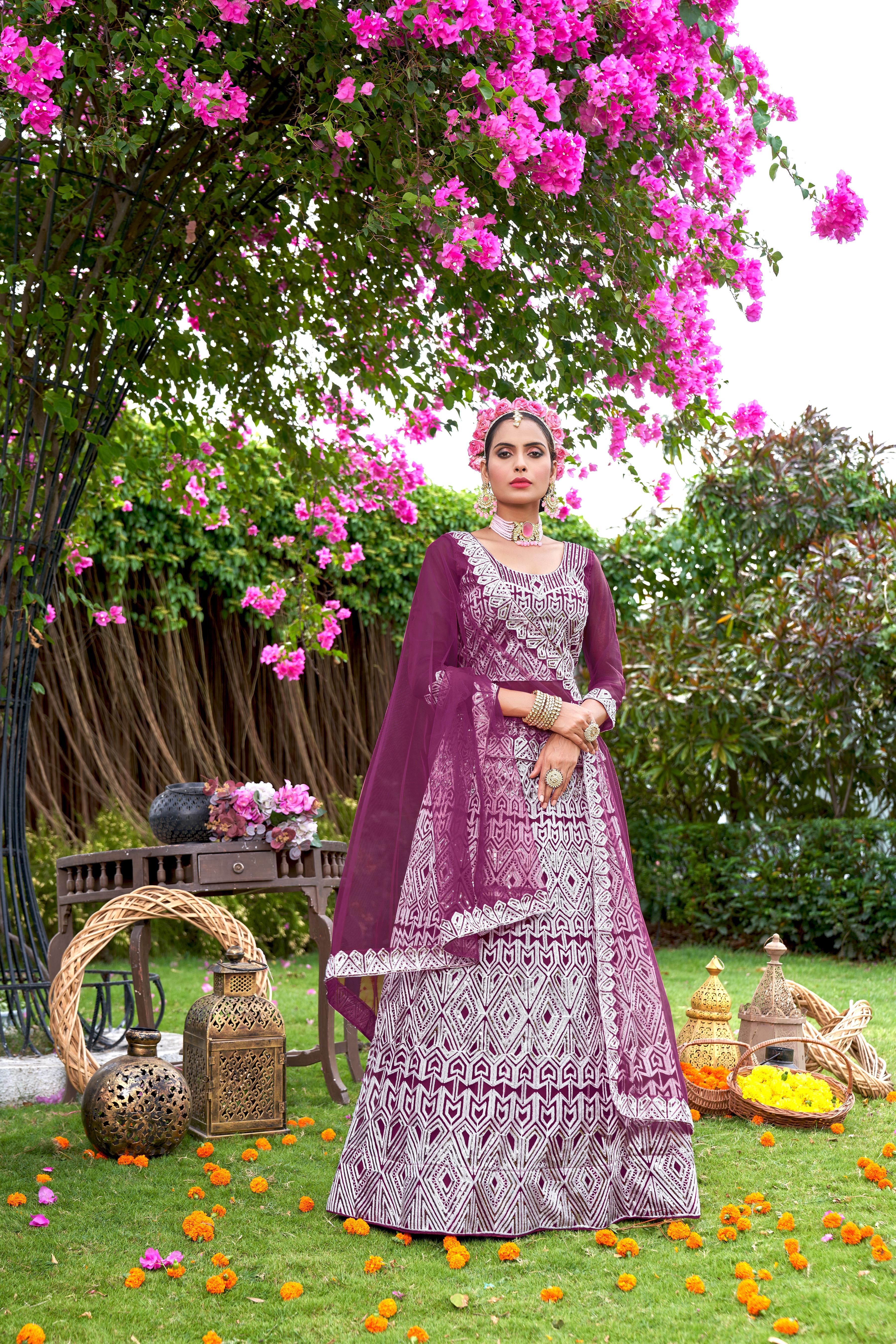 Women’s Wine Lehenga Choli – Elegant Embroidered Ethnic Wear for Weddings & Parties Semi-Stitched