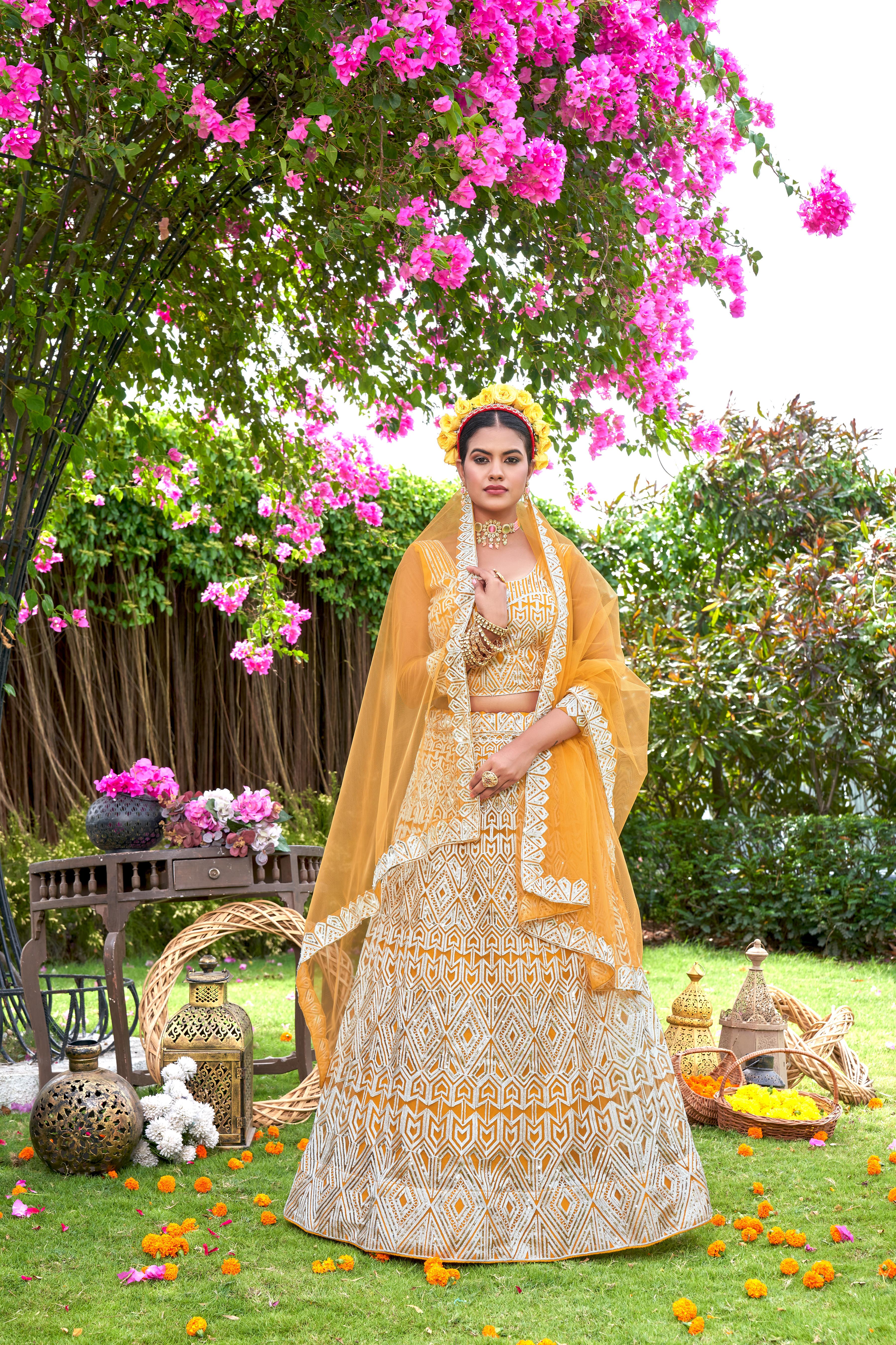Women’s Yellow Lehenga Choli – Elegant Embroidered Ethnic Wear for Weddings & Festive Occasions Semi-Stitched