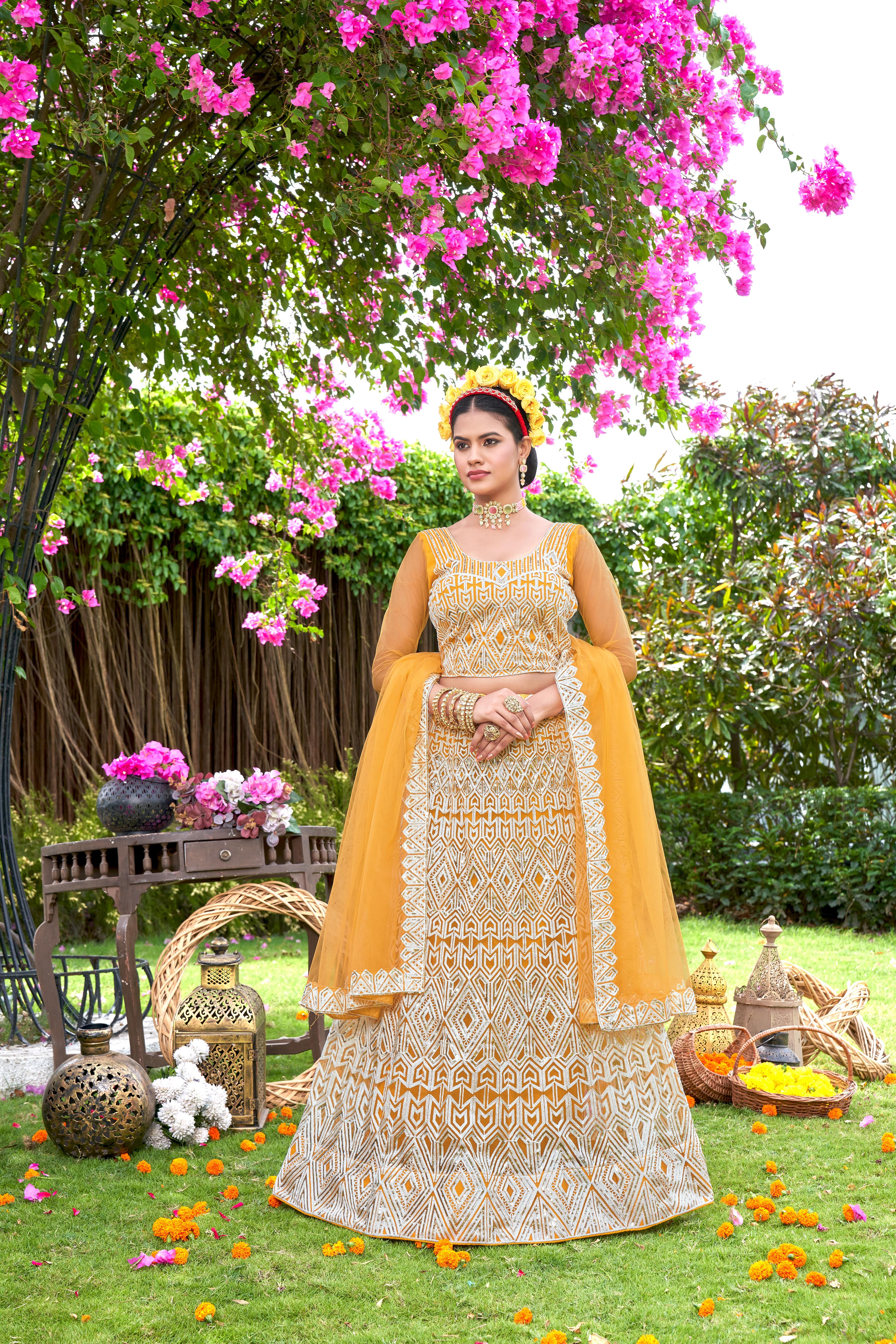 Women’s Yellow Lehenga Choli – Elegant Embroidered Ethnic Wear for Weddings & Festive Occasions Semi-Stitched