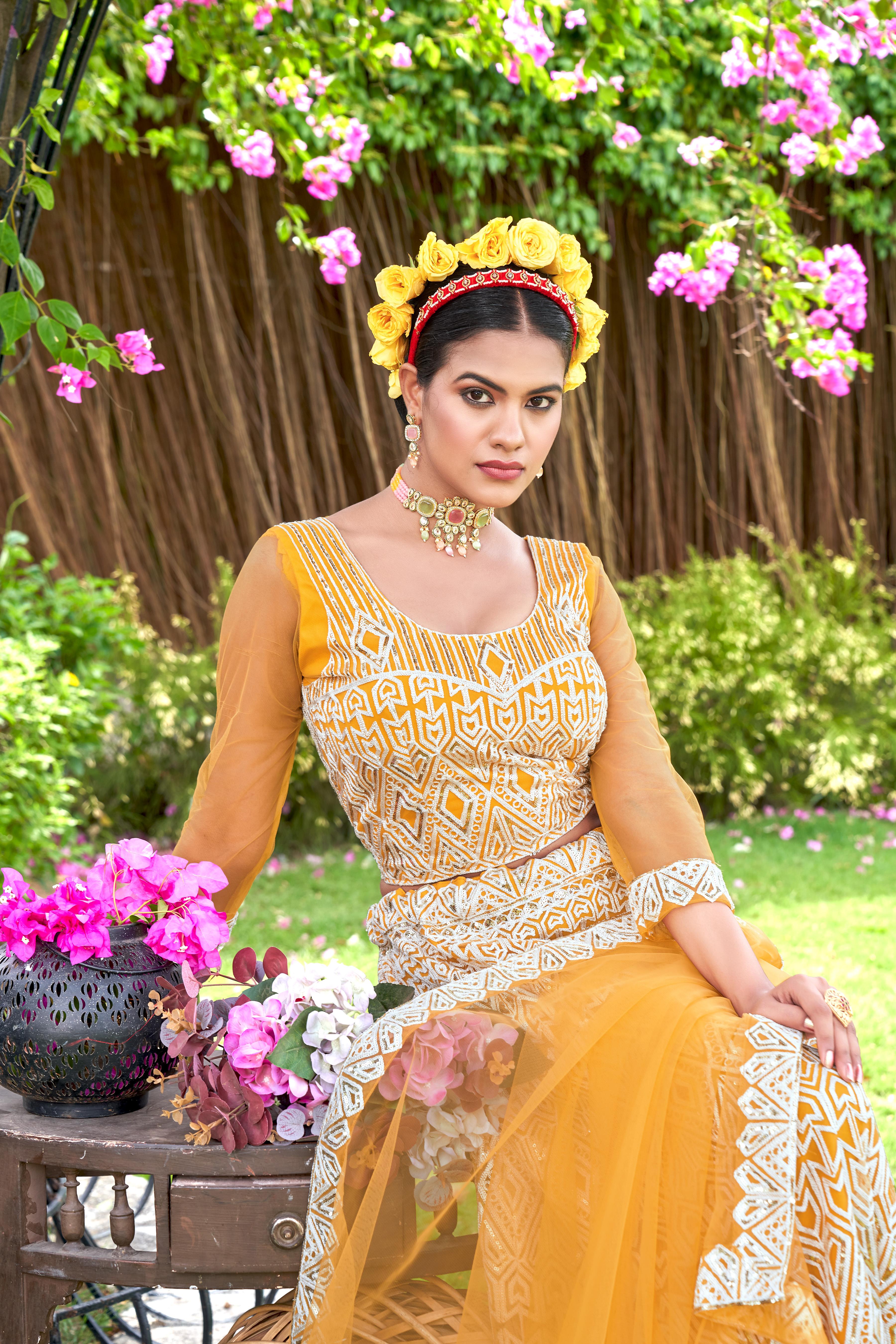 Women’s Yellow Lehenga Choli – Elegant Embroidered Ethnic Wear for Weddings & Festive Occasions Semi-Stitched