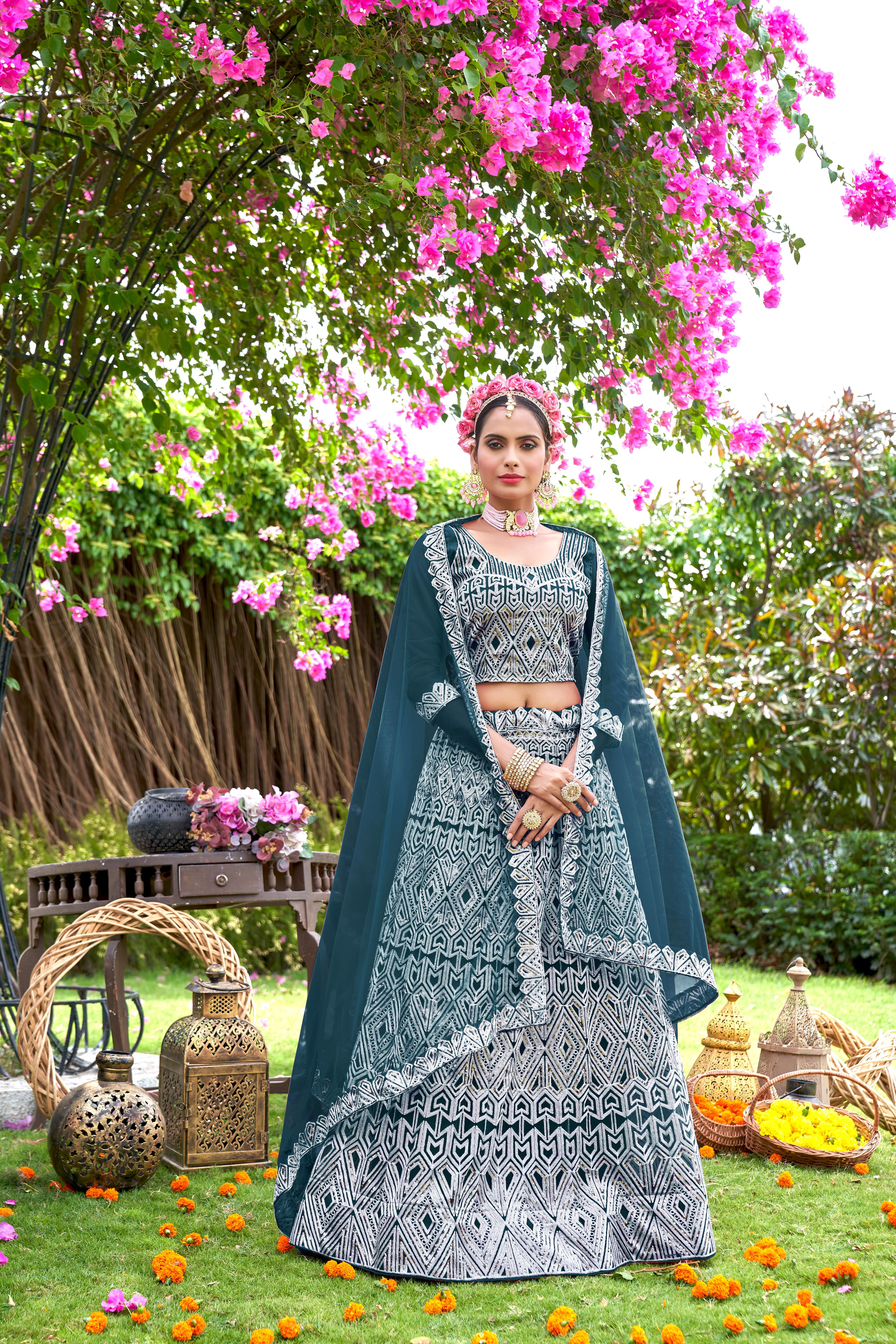 Blue Net Lehenga Choli with Intricate Embroidery – Perfect for Festive & Bridal Occasions Semi-Stitched