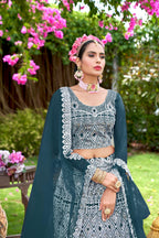 Blue Net Lehenga Choli with Intricate Embroidery – Perfect for Festive & Bridal Occasions Semi-Stitched
