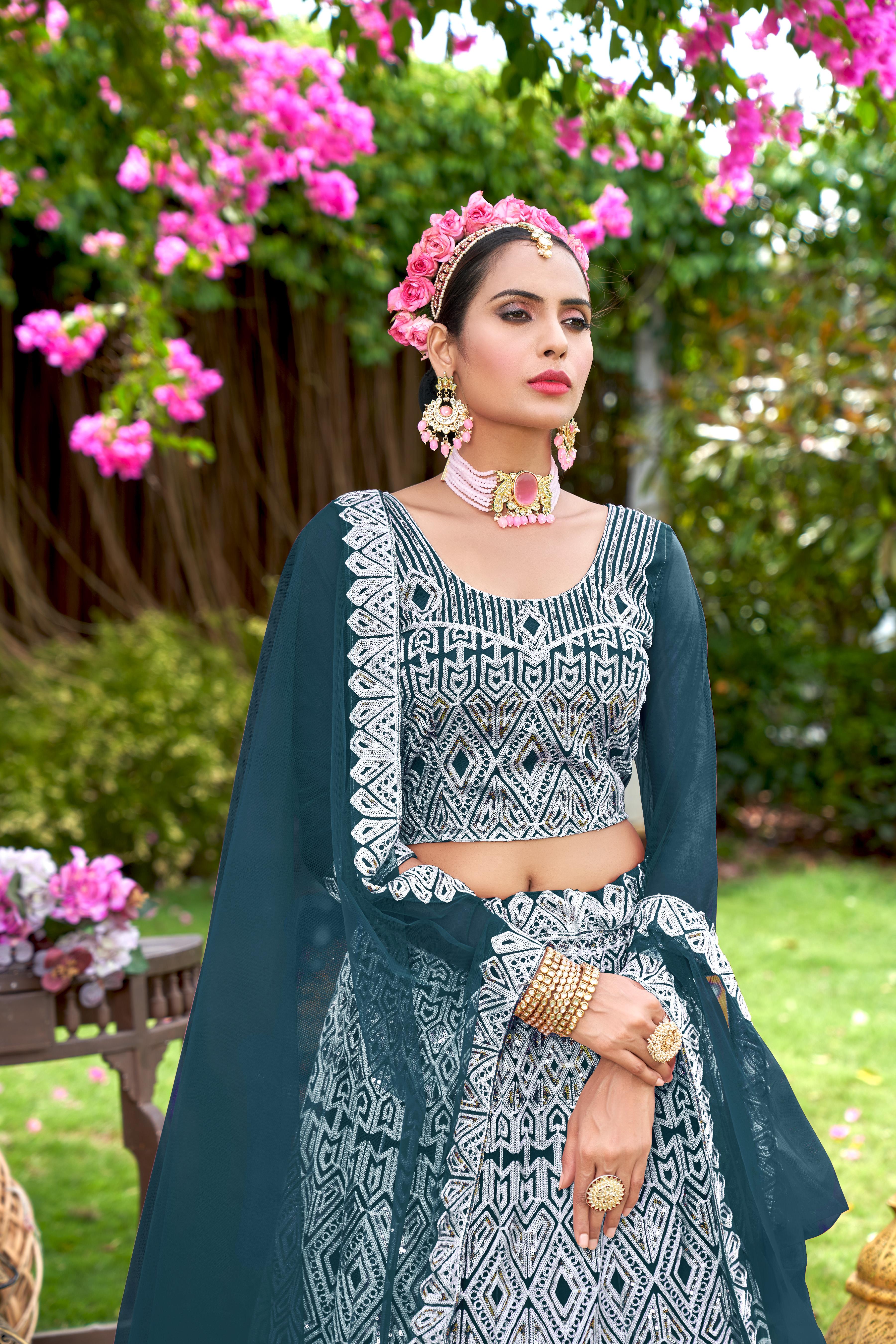 Blue Net Lehenga Choli with Intricate Embroidery – Perfect for Festive & Bridal Occasions Semi-Stitched