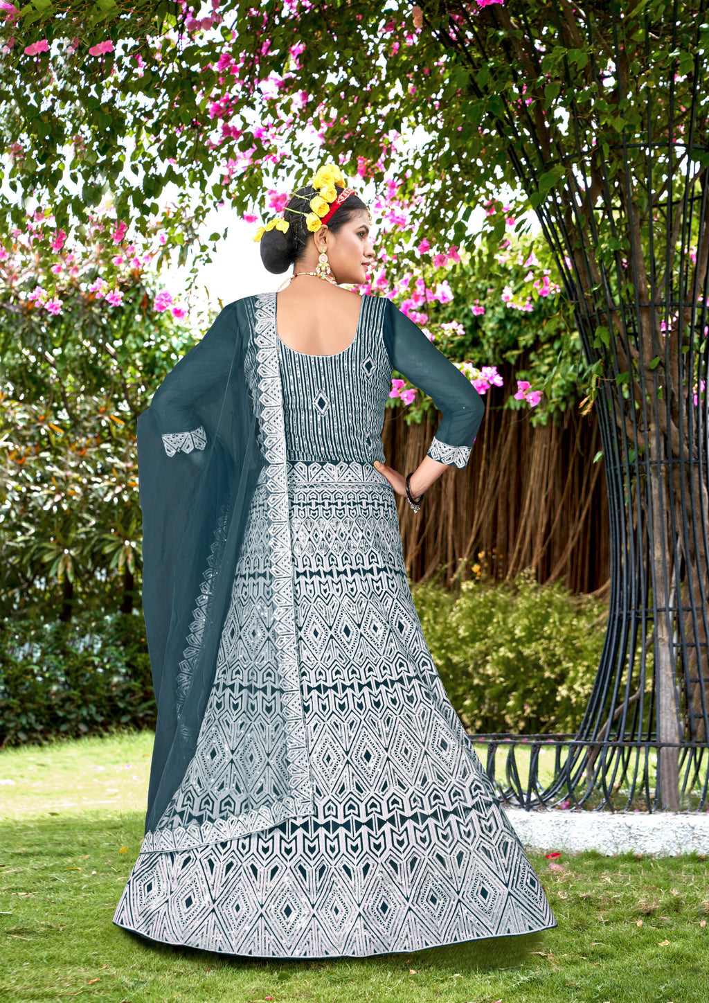 Blue Net Lehenga Choli with Intricate Embroidery – Perfect for Festive & Bridal Occasions Semi-Stitched