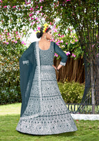 Blue Net Lehenga Choli with Intricate Embroidery – Perfect for Festive & Bridal Occasions Semi-Stitched