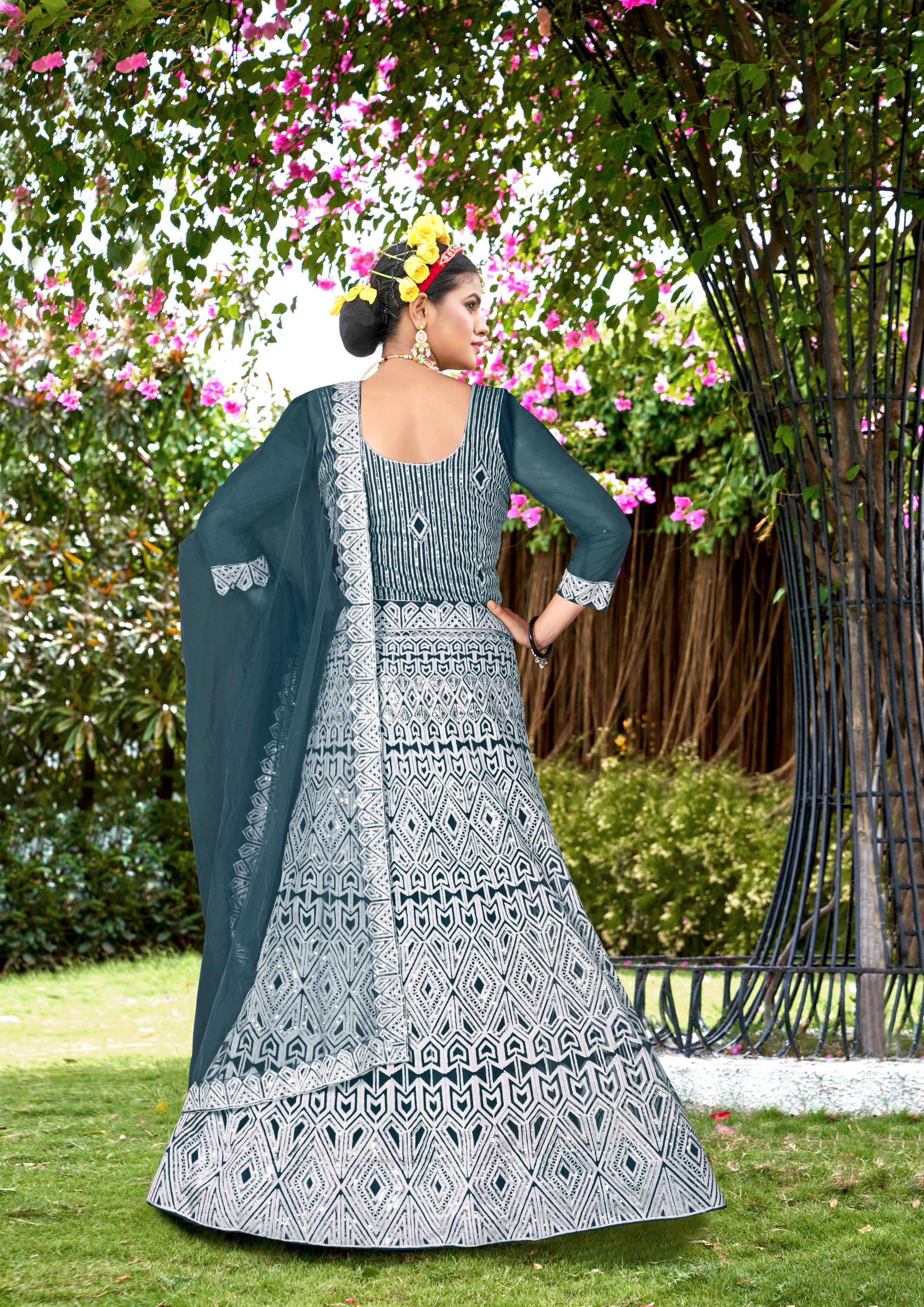 Blue Net Lehenga Choli with Intricate Embroidery – Perfect for Festive & Bridal Occasions Semi-Stitched