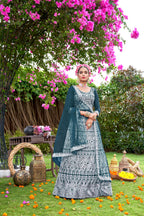 Blue Net Lehenga Choli with Intricate Embroidery – Perfect for Festive & Bridal Occasions Semi-Stitched