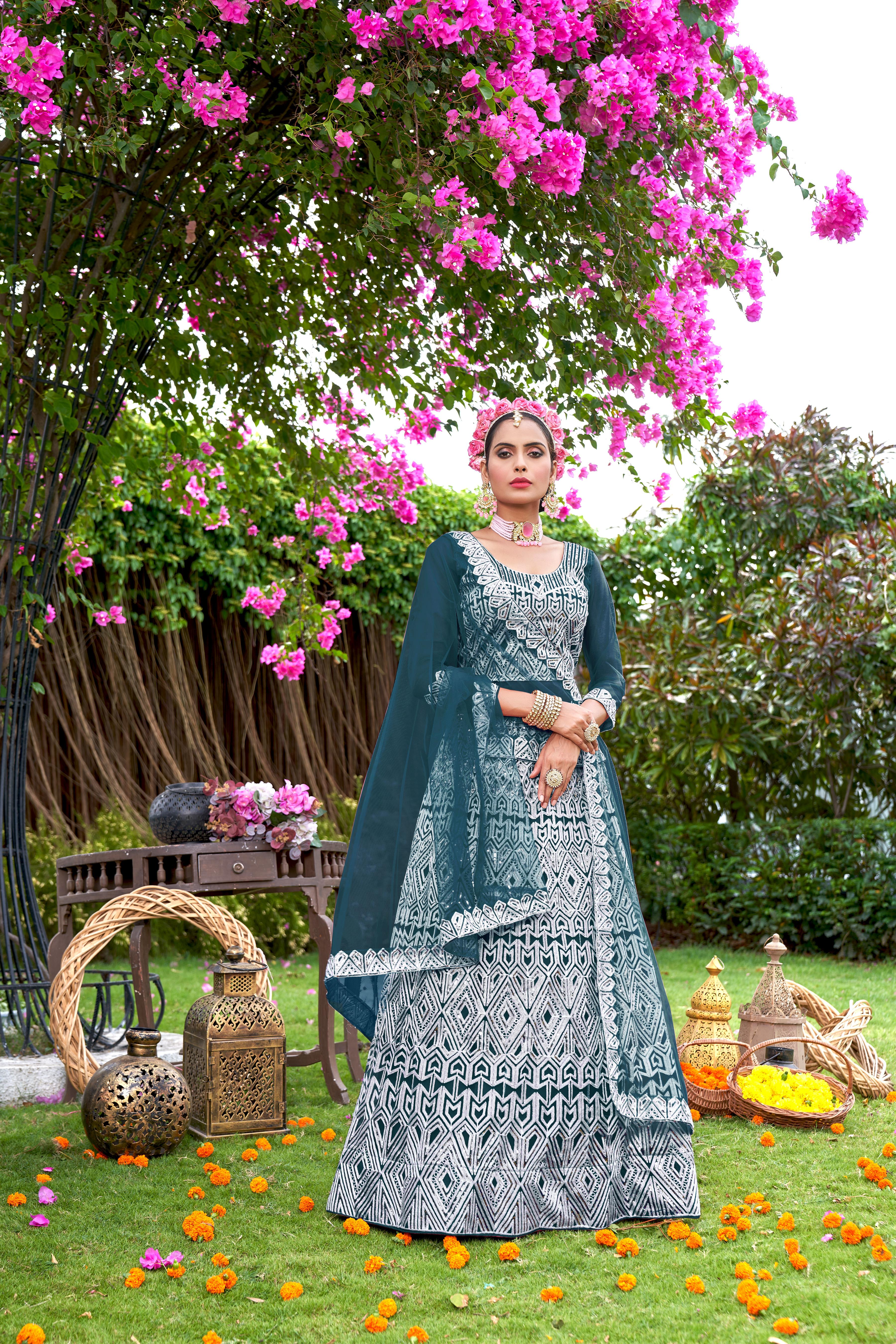 Blue Net Lehenga Choli with Intricate Embroidery – Perfect for Festive & Bridal Occasions Semi-Stitched