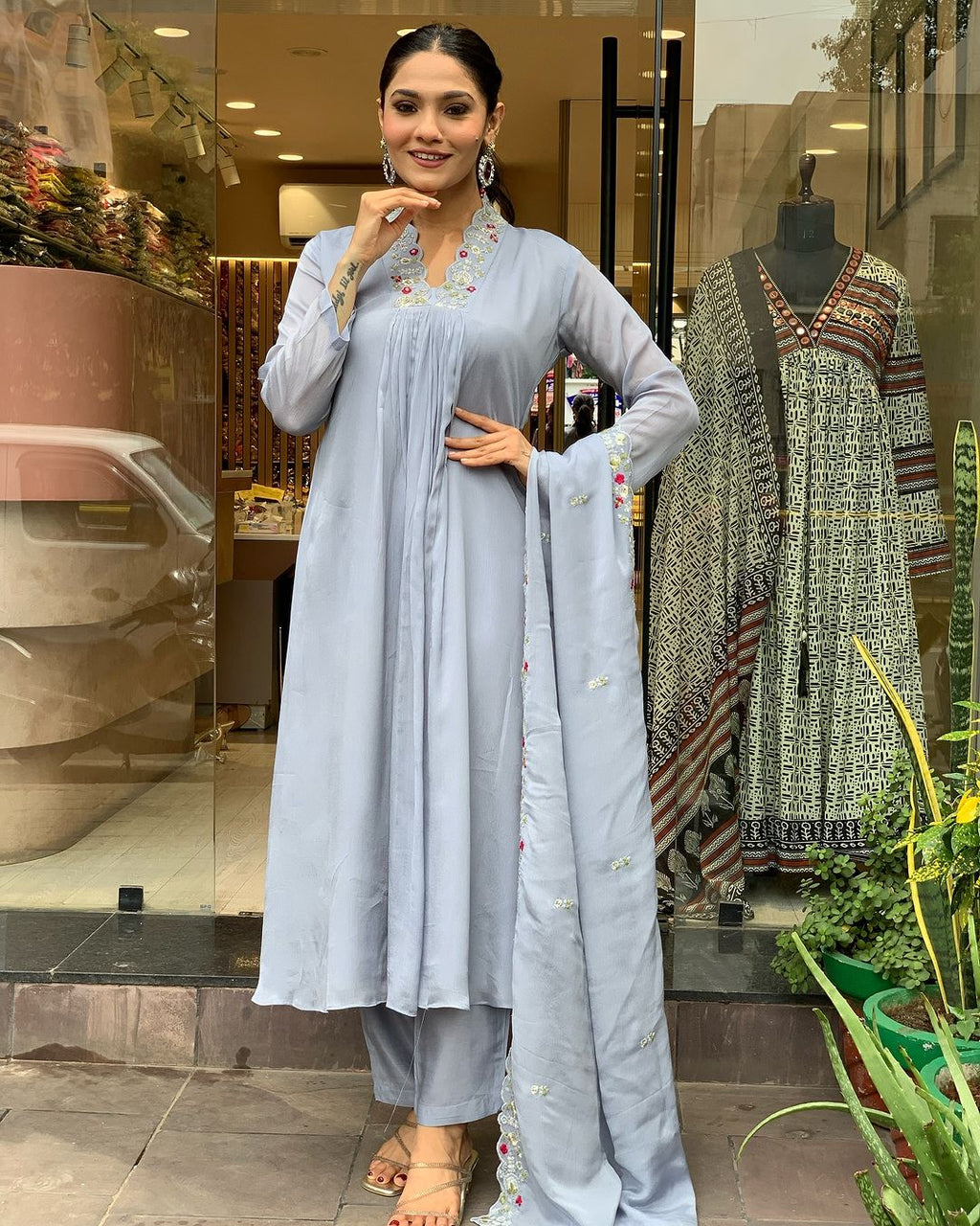 Women's Grey Viscose Chinnon Embroidered Kurta Set with Matching Chinnon Dupatta