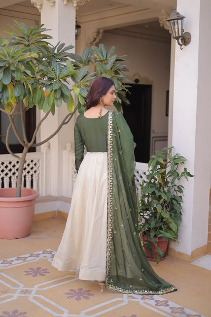 Premium Sequin Green Embroidered Glass Roman Gown with Tabby Silk Dupatta | Festive & Wedding Wear 2026