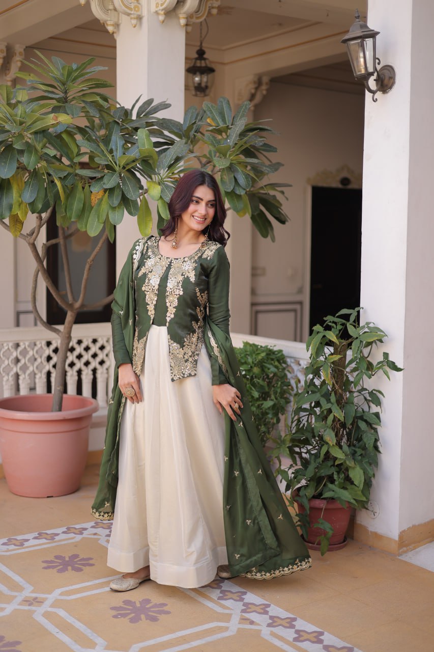 Premium Sequin Green Embroidered Glass Roman Gown with Tabby Silk Dupatta | Festive & Wedding Wear 2026