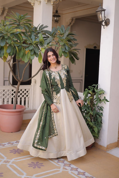 Premium Sequin Green Embroidered Glass Roman Gown with Tabby Silk Dupatta | Festive & Wedding Wear 2026
