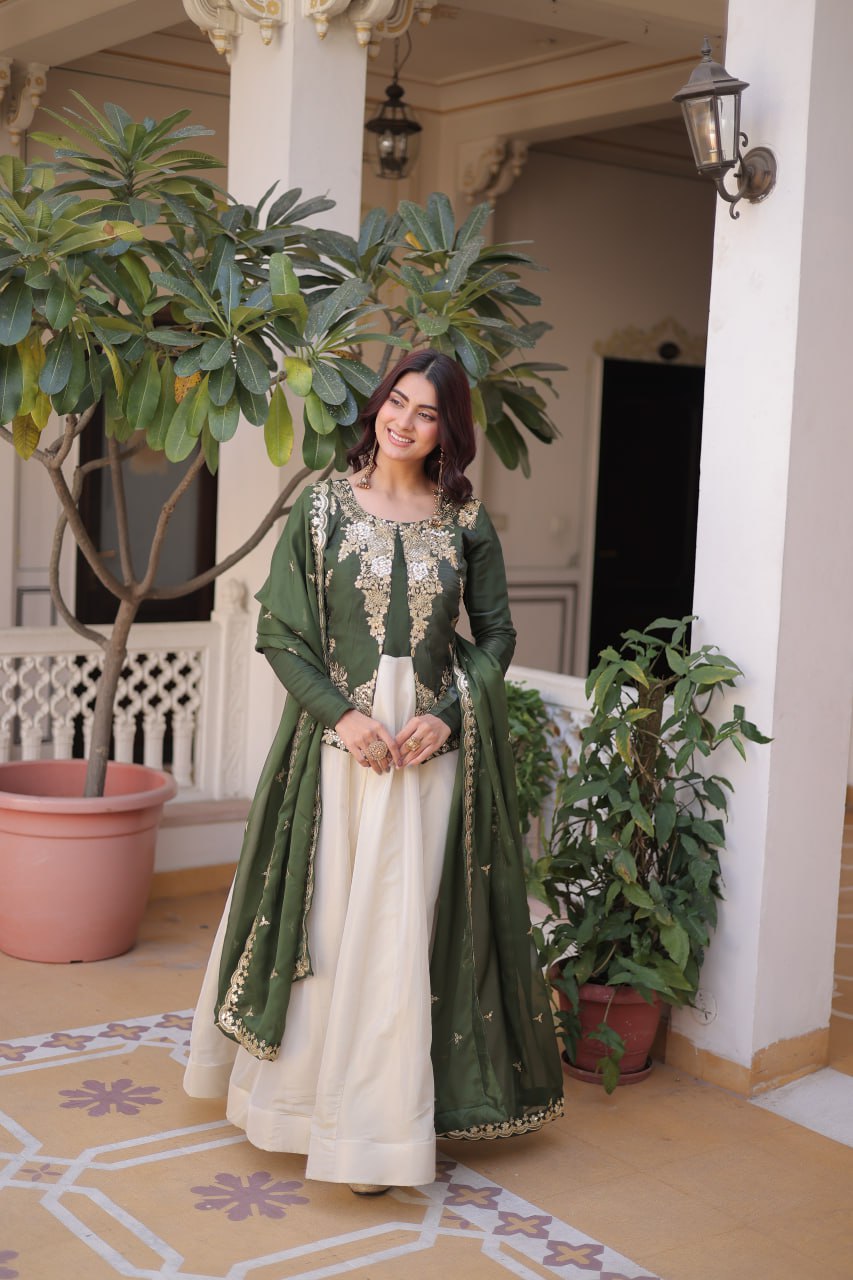 Premium Sequin Green Embroidered Glass Roman Gown with Tabby Silk Dupatta | Festive & Wedding Wear 2026